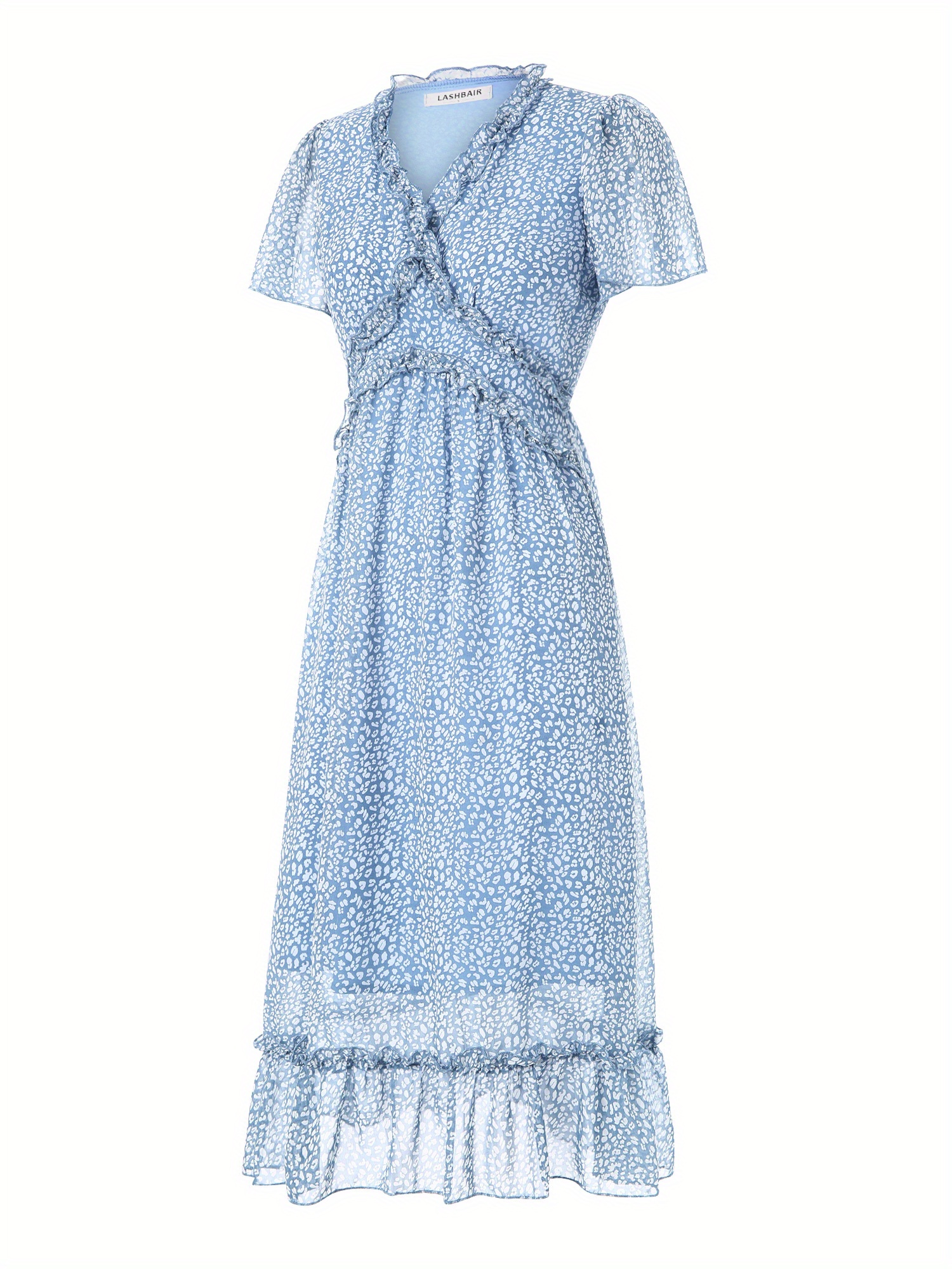 Allover Print V Neck Midi Dress, Casual Ruffle Trim Short Sleeve High Waist Dress, Women's Clothing
