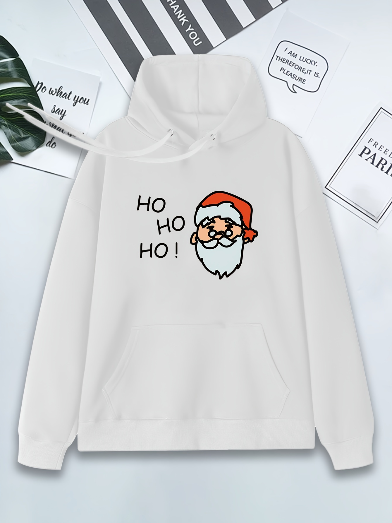 Santa Claus Print Oversized Hoodie For Women Women's Sweatshirt Popular Letter Print Sweatshirt Women's Gift Letter Print Hoodie New Style White Hooded Sweatshirt Kangaroo Pocket Print Lightweight Trendy For Autumn Winter Casual Sweatshirt