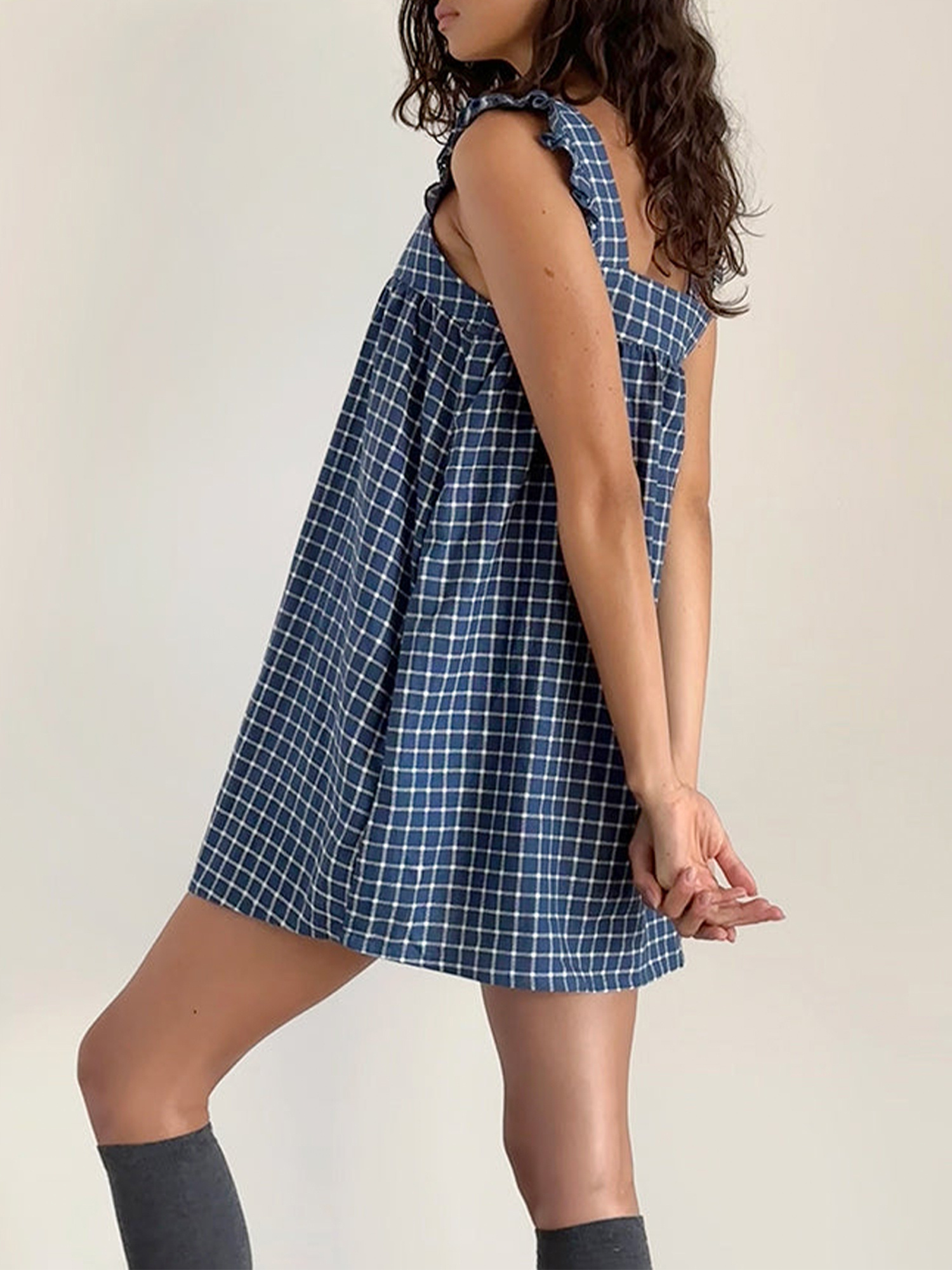 Plaid Print Strap Dress, Casual Sleeveless Backless Ruffle Hem Strap Dress For Spring & Summer, Women's Clothing