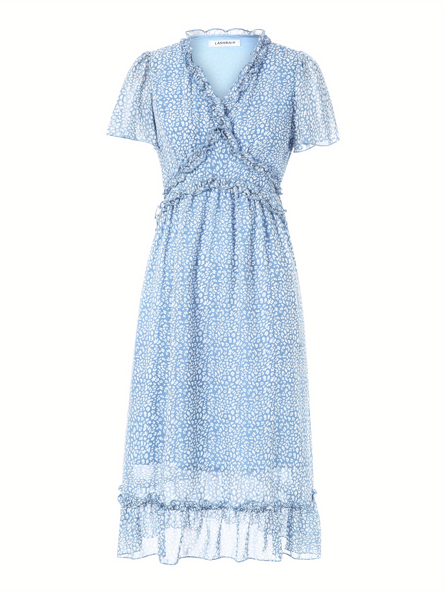 Women's Midi Dress, Female V Neck Short Sleeve High Waist Ruffle Trim Floral Printed Dresses