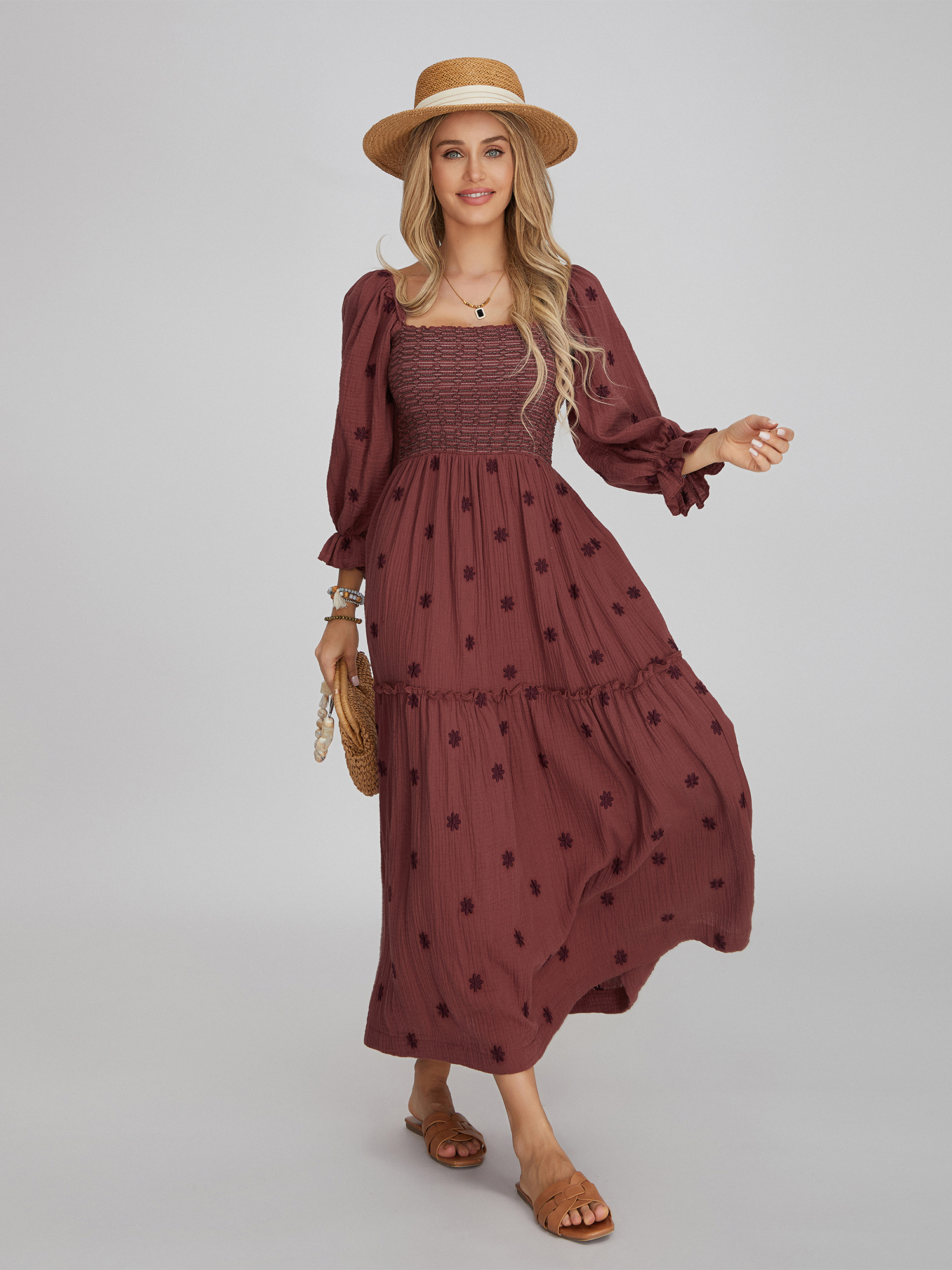 Women Summer Casual Long Dress 3D Embroidered Flowers Square Neck Puff Sleeve Dress Fashion Backless A-line Dress