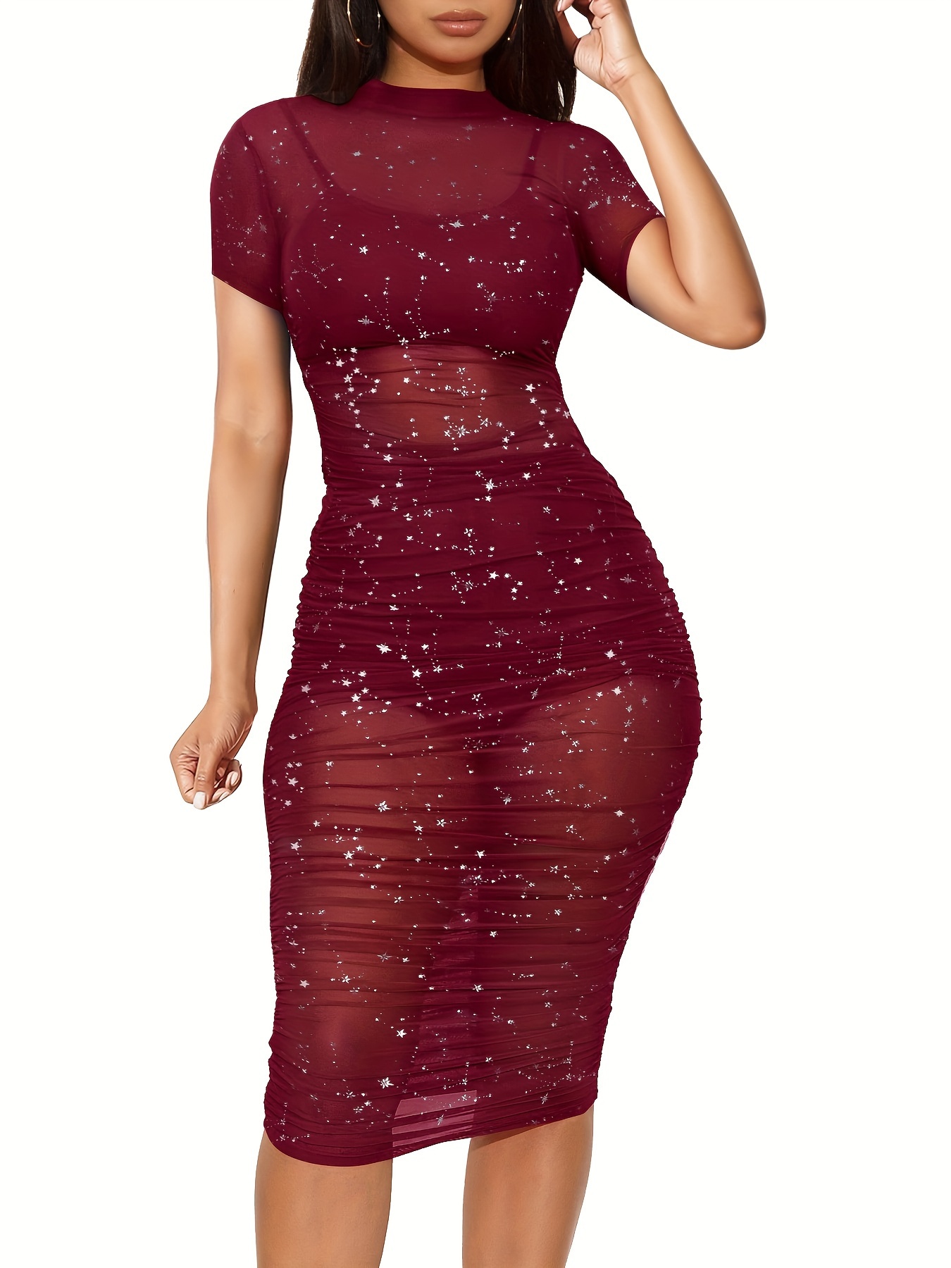 3 Piece Outfits For Women Glitter See Through Short Sleeve Ruched Mesh Dress With Crop Tops And Shorts