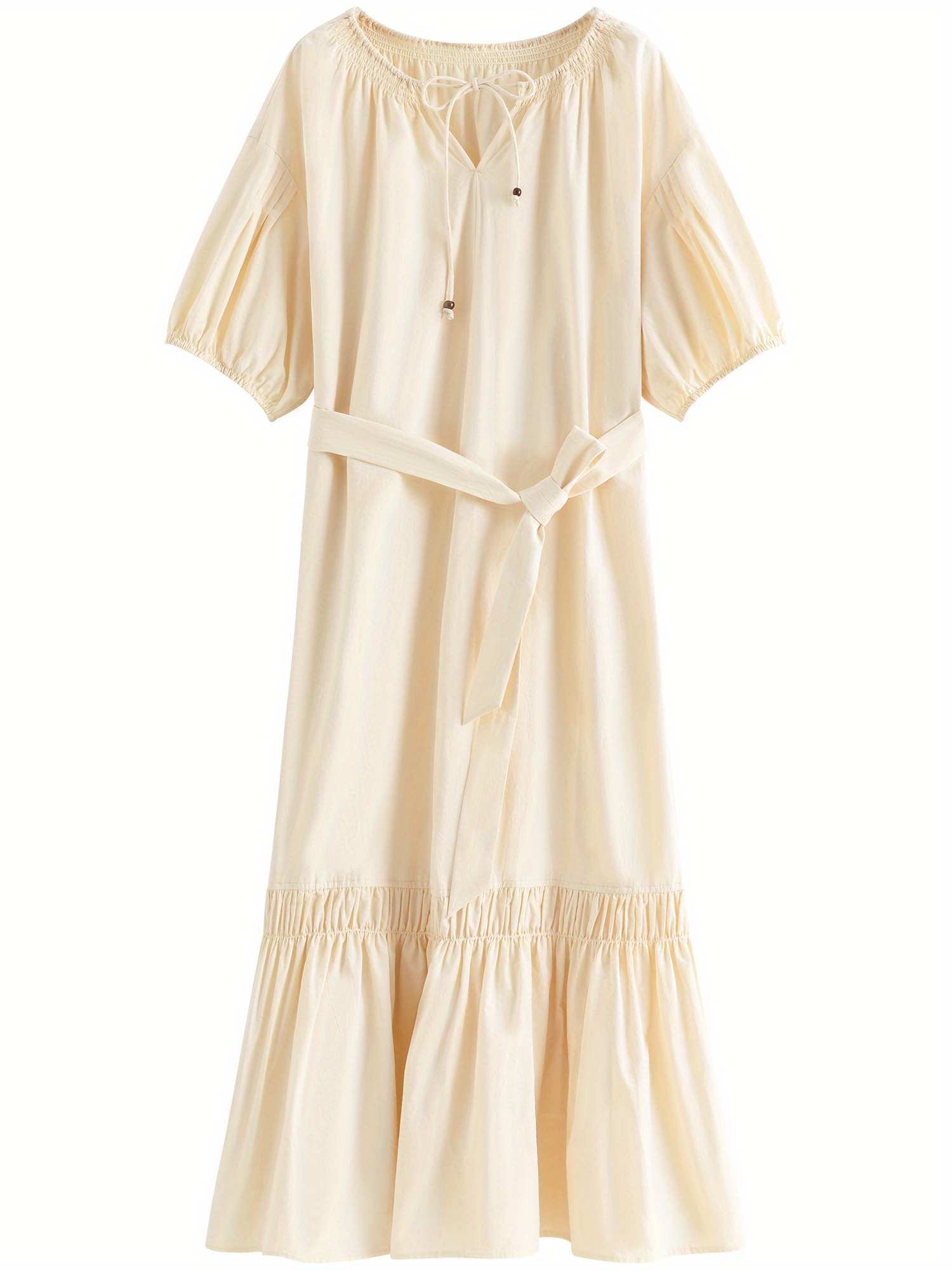 Solid Color Drawstring V-neck Dress, Elegant Loose Belted Short Sleeve Dress For Spring & Summer, Women's Clothing