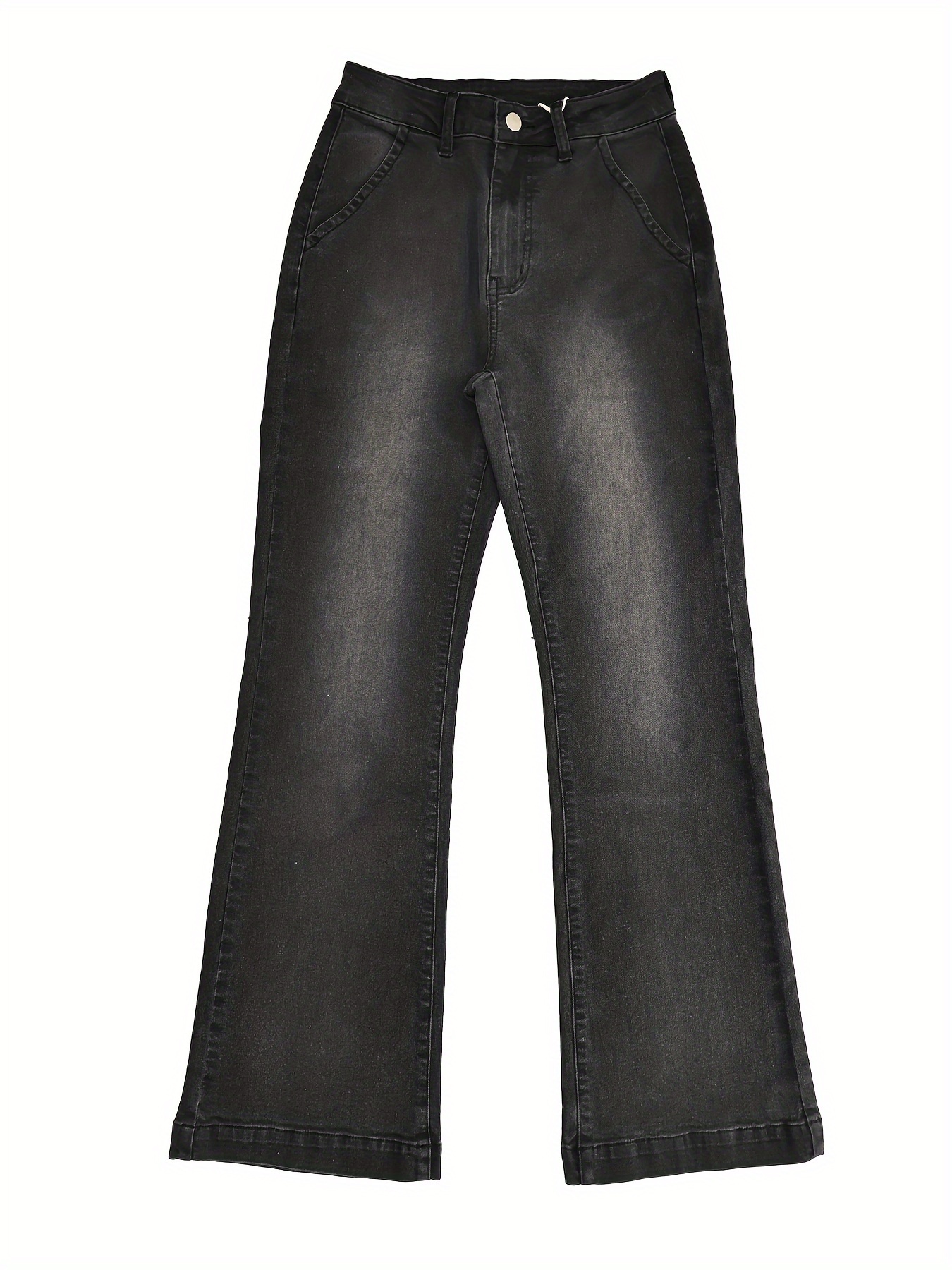 Flare Leg Bootcut Washed Grey Casual Retro Style Zipper Button Closure Denim Pants, Women's Denim Jeans & Clothing