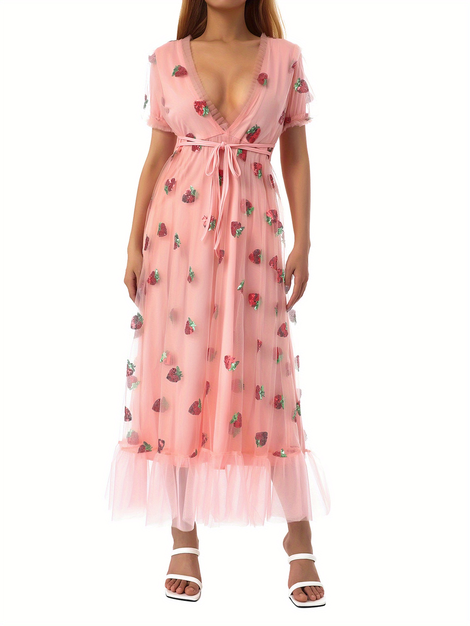 Women Sequin Embroidered Strawberry Cocktail Dress Lace Up Mesh Yarn Plunge V Neck A-line Pleated Dresses