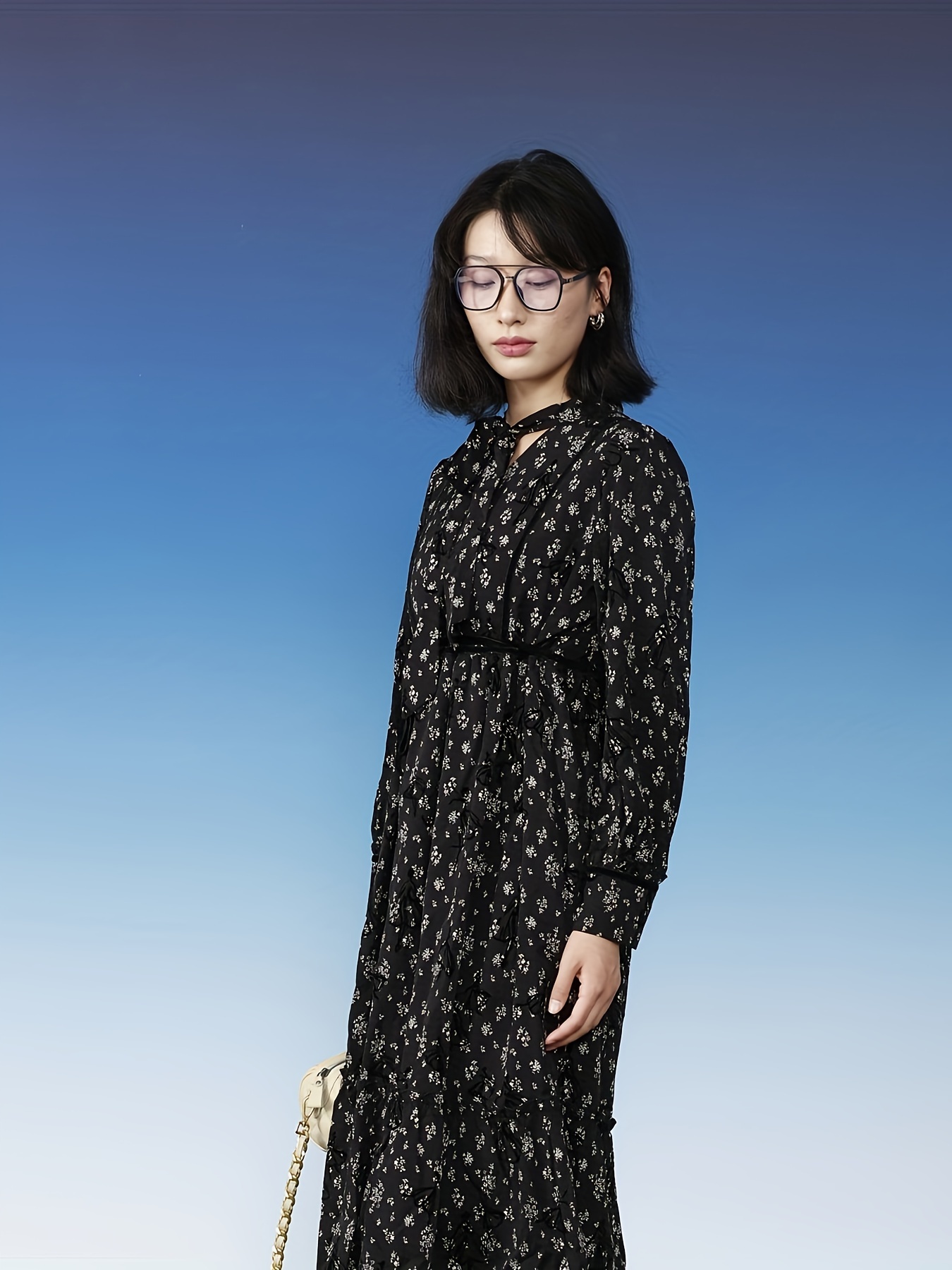 Floral Print Tie Neck Dress, Casual Long Sleeve Knee Length Dress For Spring & Fall, Women's Clothing