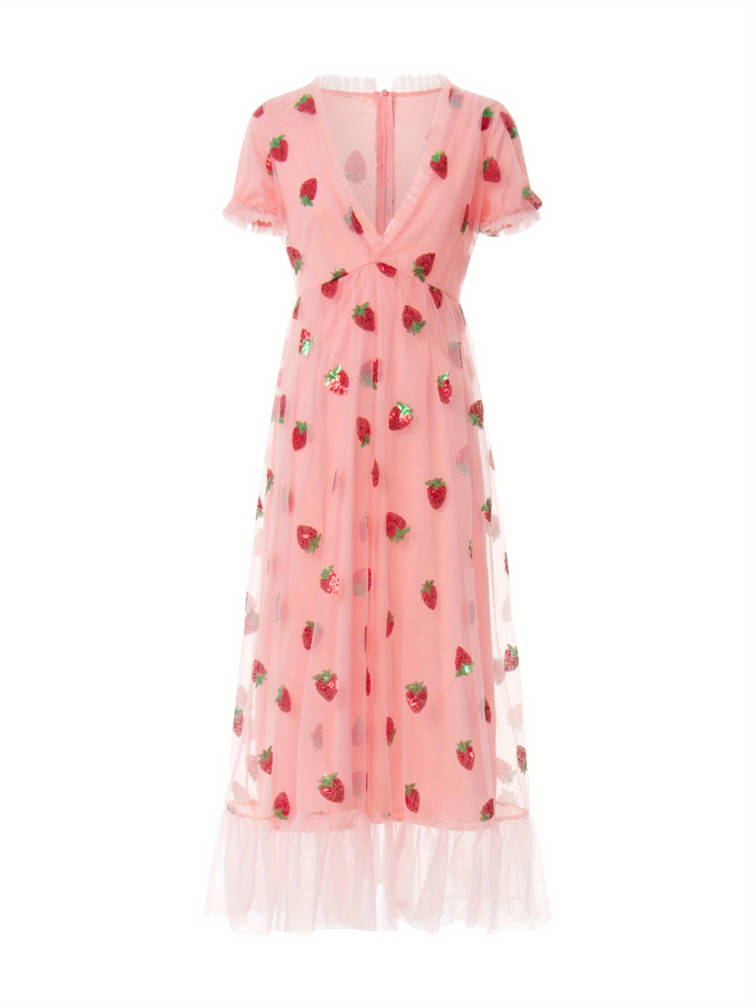 Women Sequin Embroidered Strawberry Cocktail Dress Lace Up Mesh Yarn Plunge V Neck A-line Pleated Dresses
