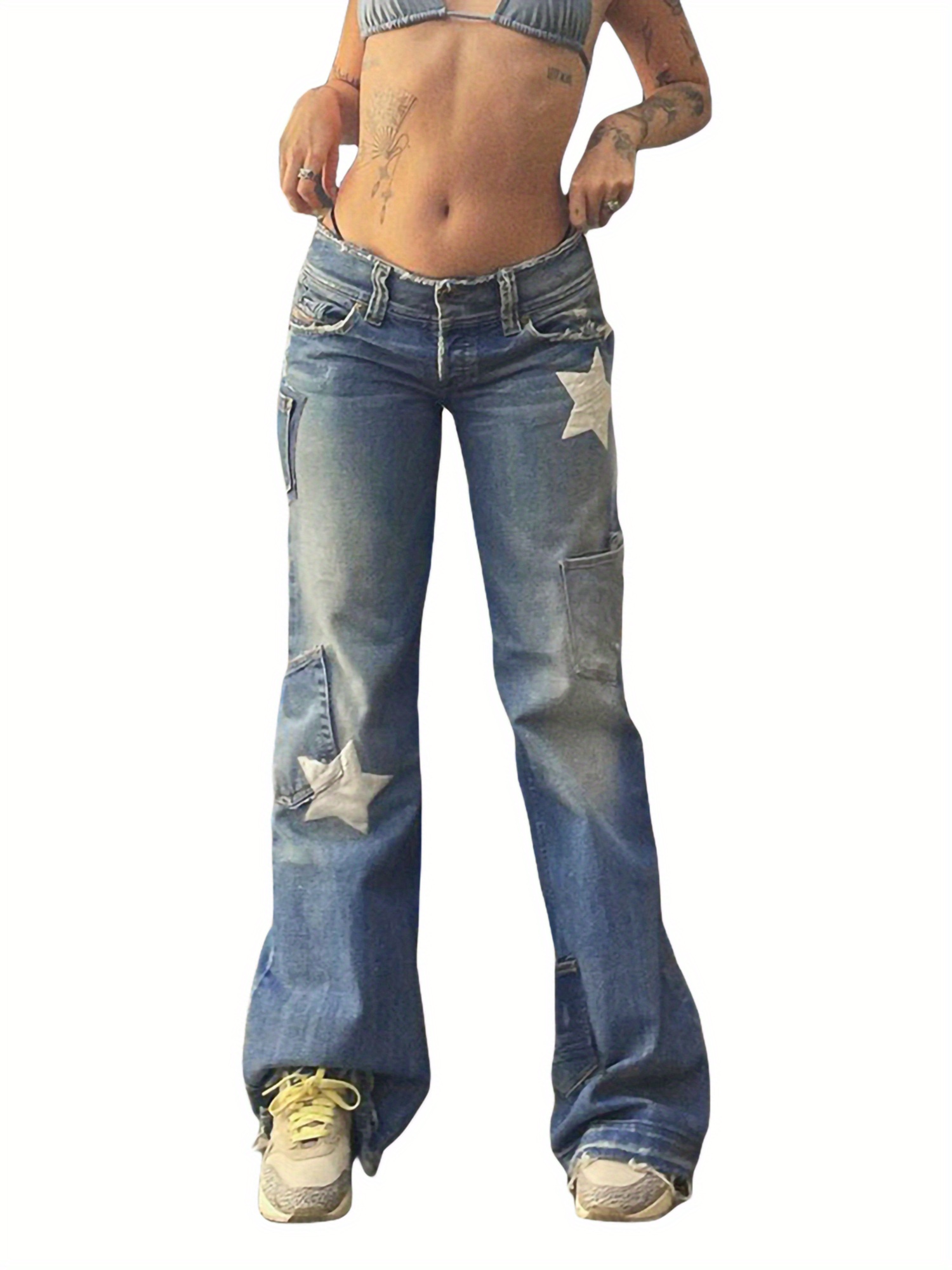 Female Jeans, Star Patterns High Waist Long Straight-Leg Pants with Pockets for Spring Fall, Blue, S FM FL