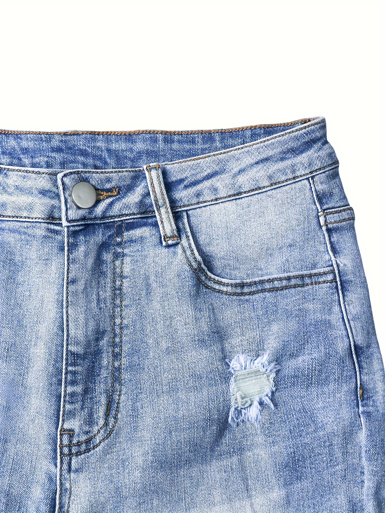 Skinny Fit Ripped Plain Washed Blue Versatile Jeans Denim Pants, Women's Denim Jeans & Clothing