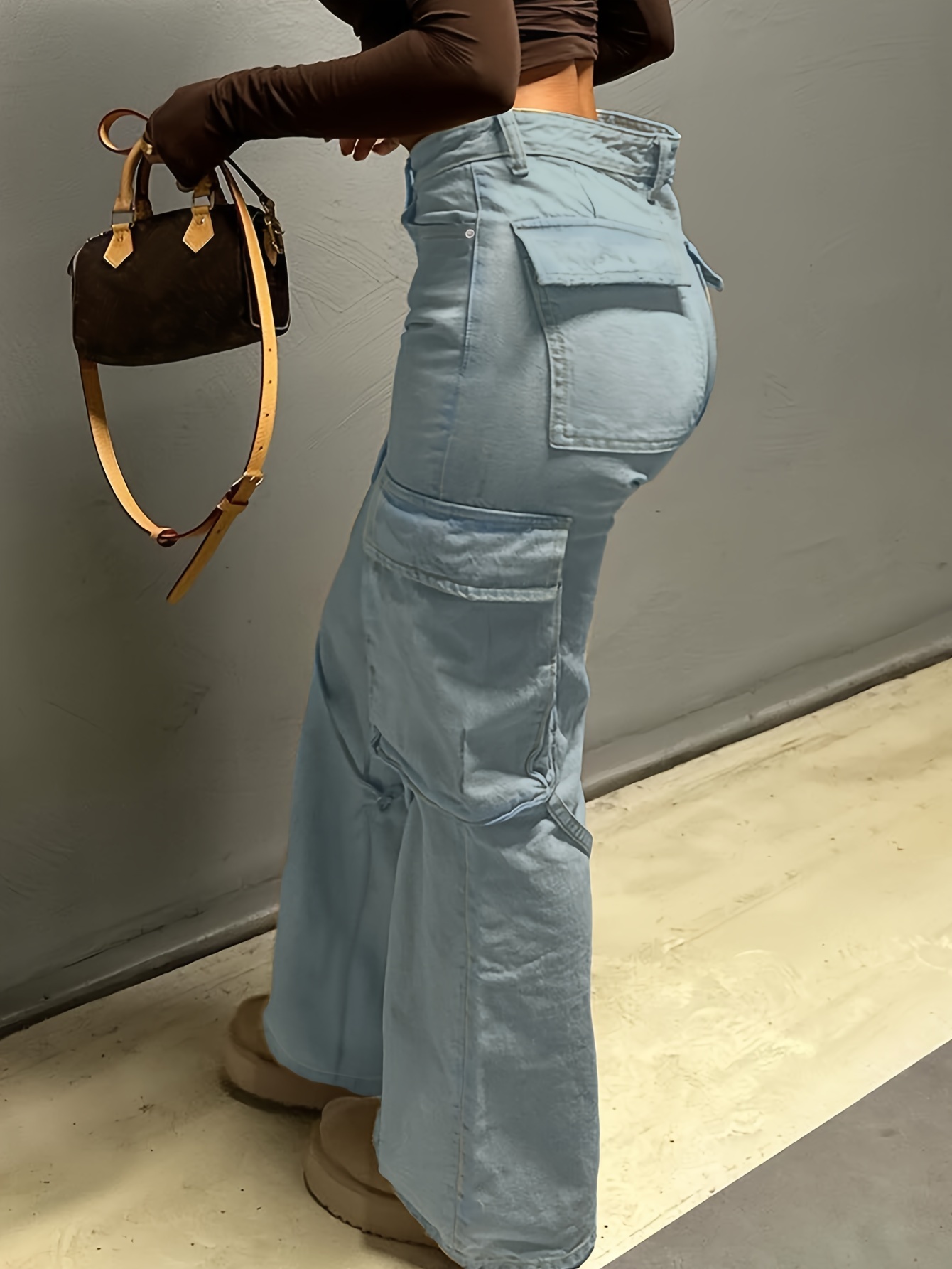 Women's High-Waisted Retro Streetwear Style Adjustable Belted Flare Jeans With Multiple Pockets, Cotton And Polyester Blend, Machine Washable