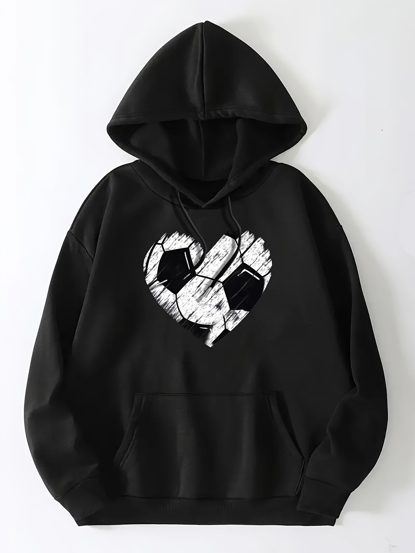 Heart Football Print Hoodie, Casual Kangaroo Pocket Long Sleeve Drawstring Hoodie For Fall & Winter, Women's Clothing