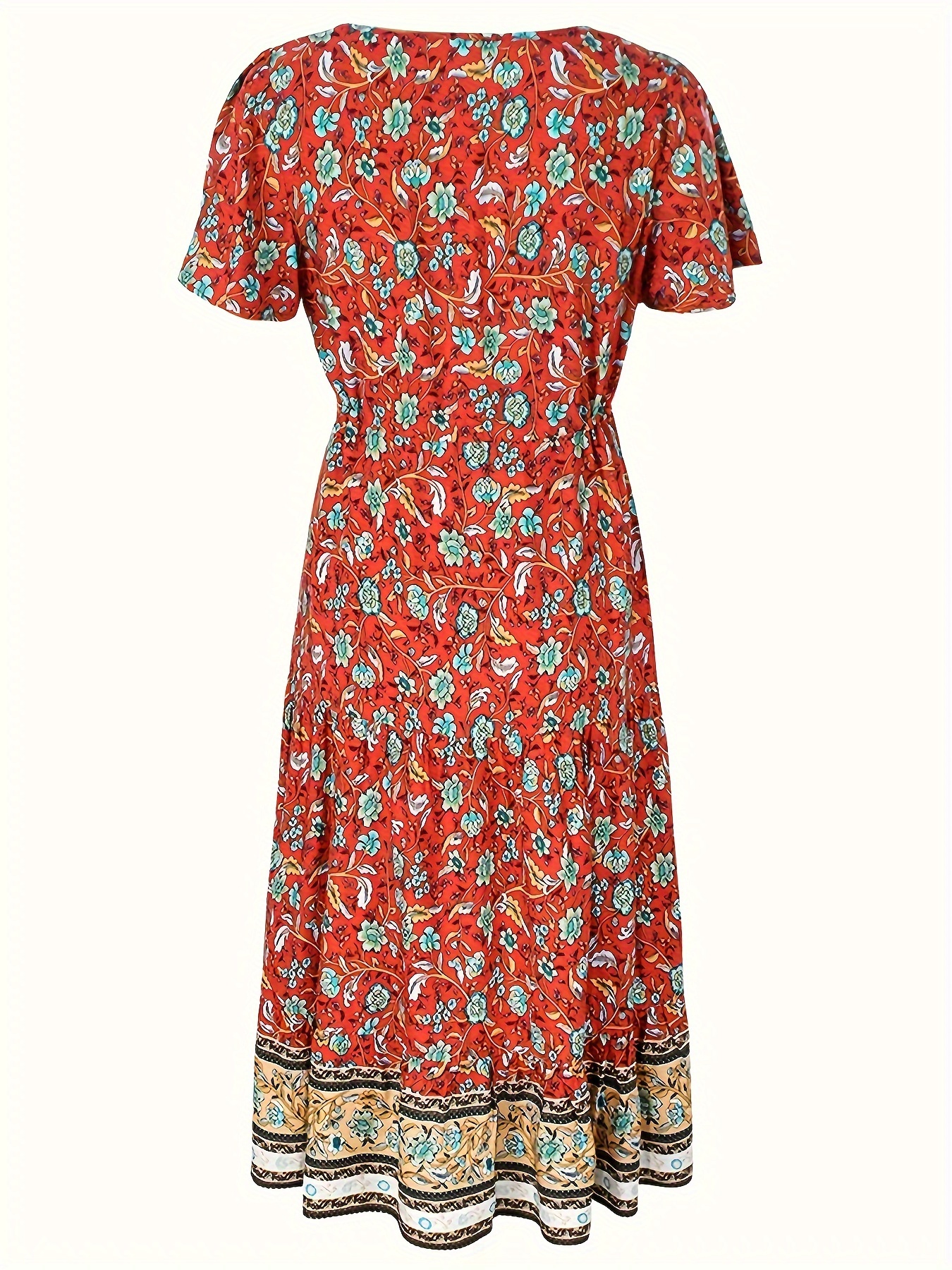 Vintage Chic Floral Print V-Neck Ruffle Hem Dress - Short Sleeve, Button Front, Flowy Fit, Perfect for Spring & Summer - Womens Clothing, Casual Style, Floral Pattern, Ruffled Hem, Vintage Inspired