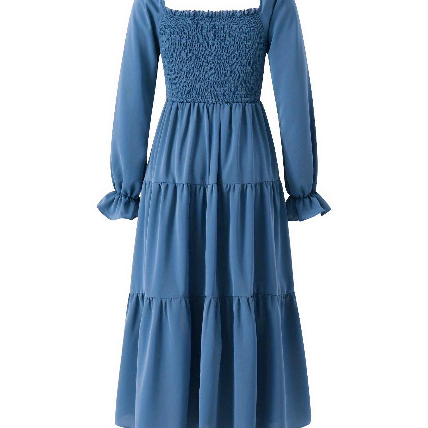 Shirred Ruffle Hem Square Neck Dress, Elegant Long Sleeve Dress For Spring & Fall, Women's Clothing