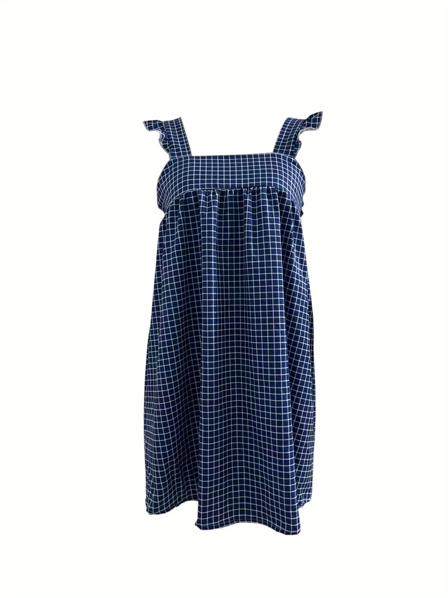 Plaid Print Strap Dress, Casual Sleeveless Backless Ruffle Hem Strap Dress For Spring & Summer, Women's Clothing