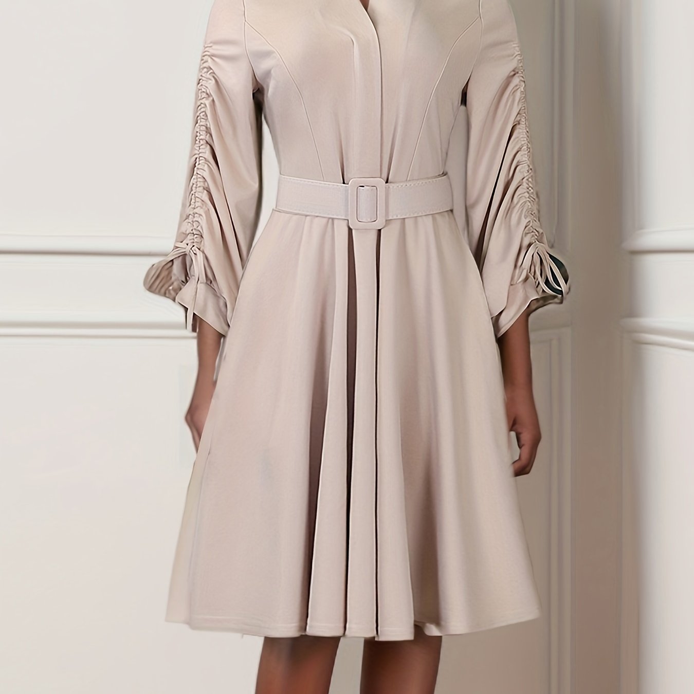 Fashionable V-Neck Drawstring Pleated Elegant Dress