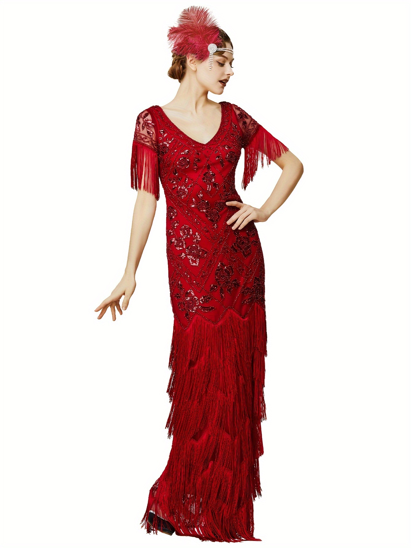 Women's Flapper Dress 1920s V-Neck Evening Gown Sequin Beaded Maxi Dress For Wedding Black Silver