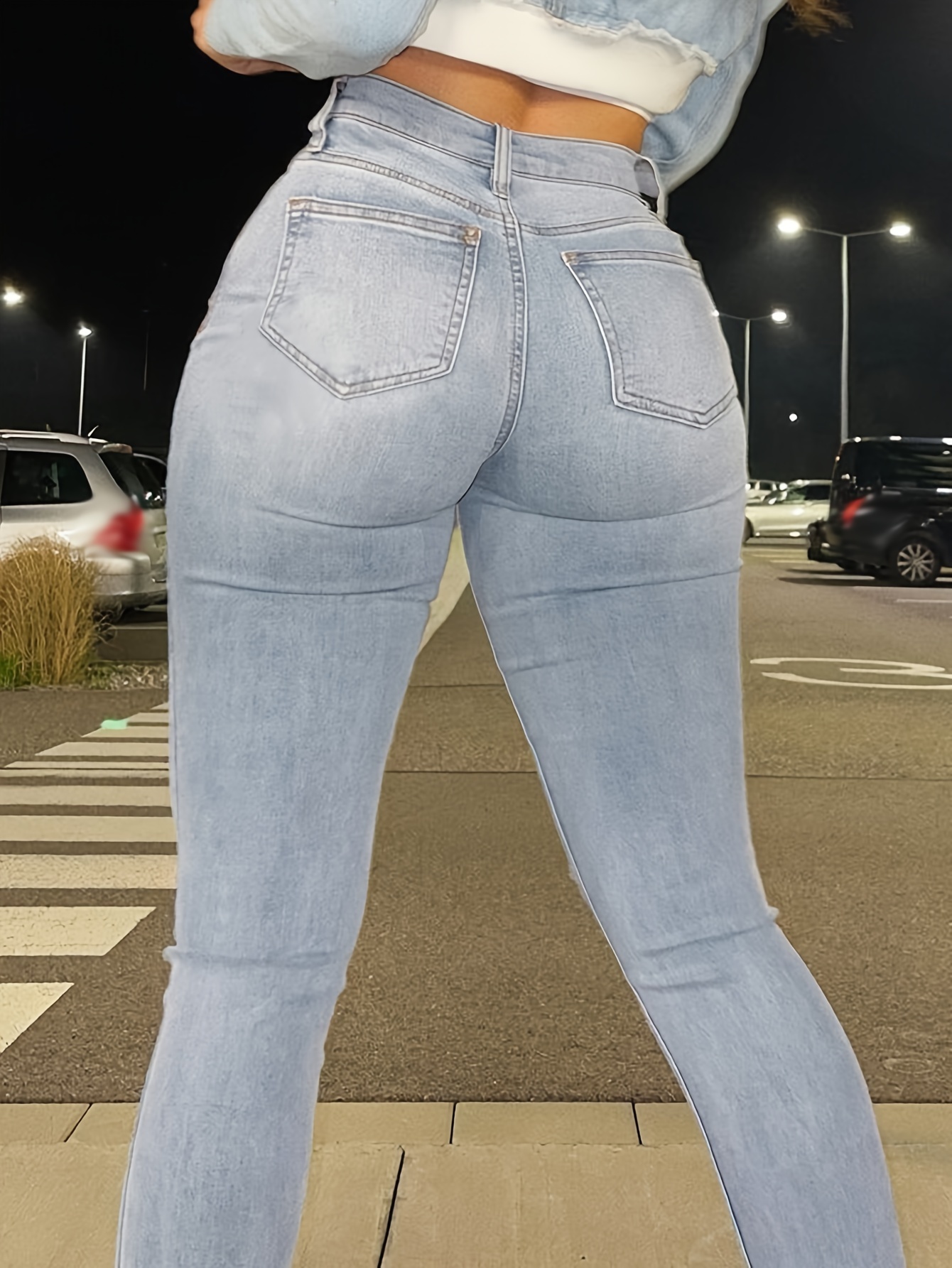 Skinny Fit Ripped Plain Washed Blue Casual Style Zipper Button Closure Denim Pants, Women's Denim Jeans & Clothing