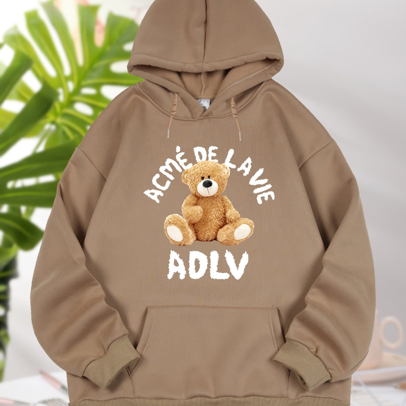 Bear And Letter Graphic Long Sleeve Hooded Sweatshirt, Fashion Drawstring Kangaroo Pocket Hoodie, Women's Clothing