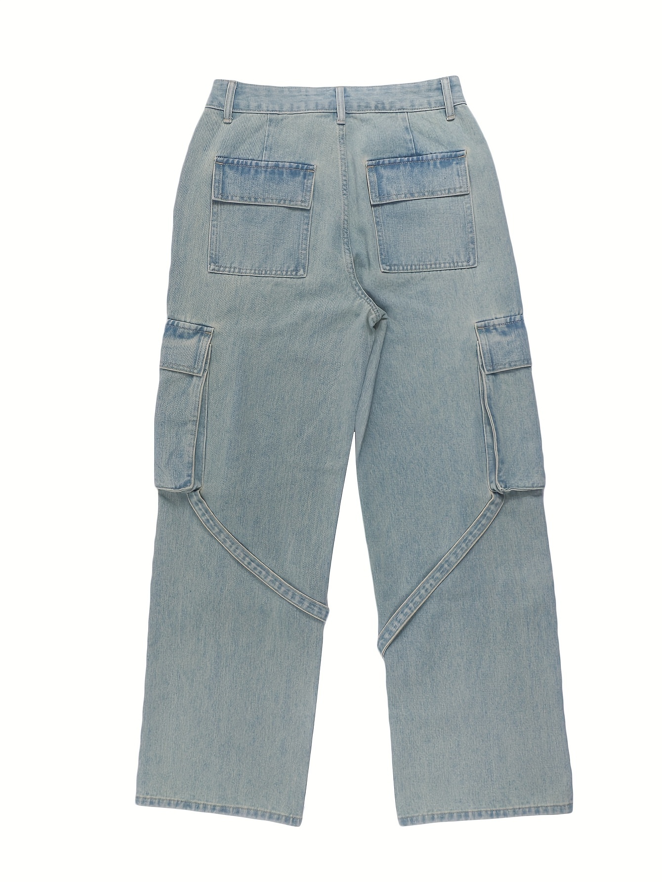 Women's High-Waisted Retro Streetwear Style Adjustable Belted Flare Jeans With Multiple Pockets, Cotton And Polyester Blend, Machine Washable