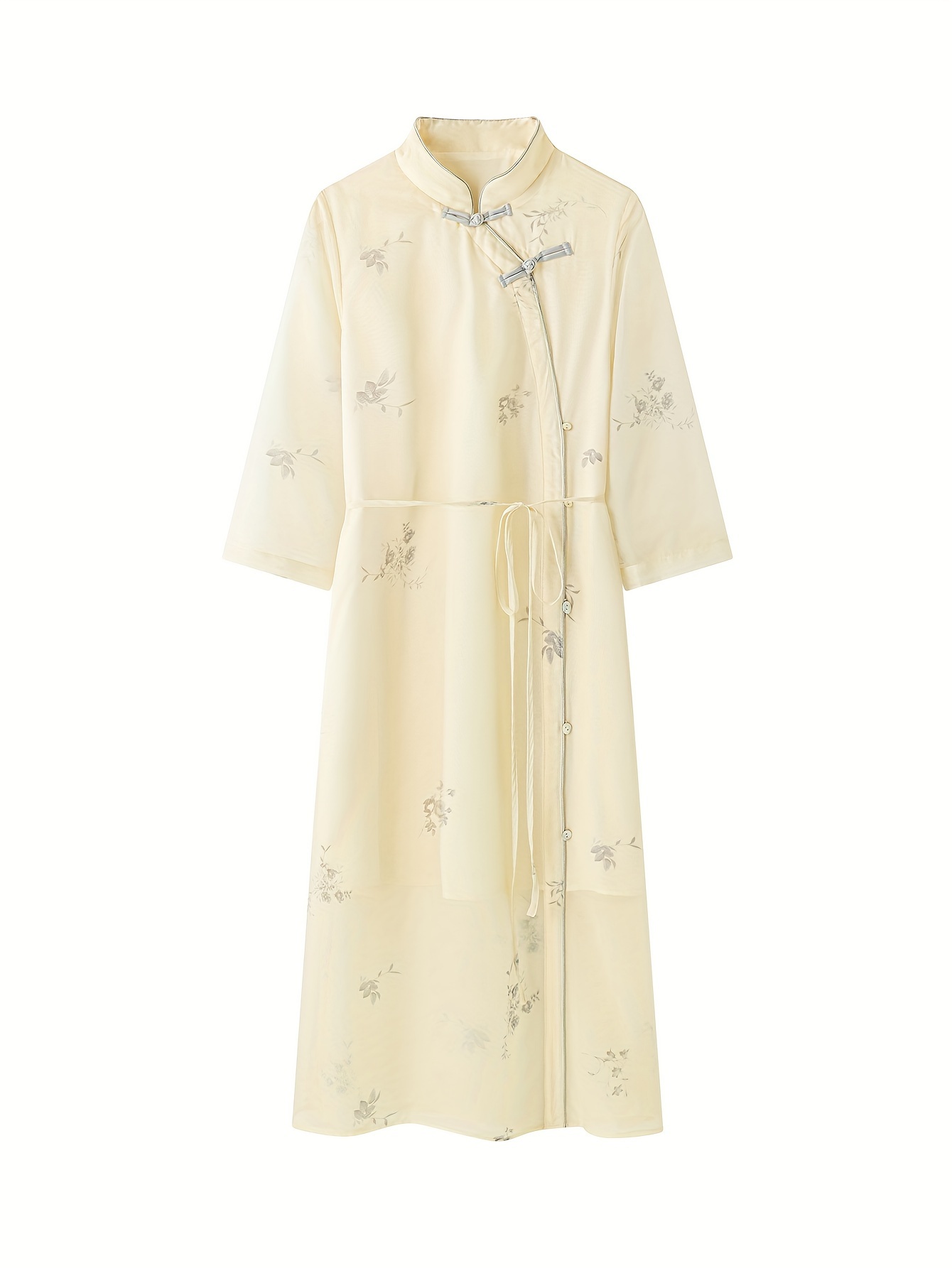 Chinese Vintage Cheongsam, Elegant Floral Print Long Sleeve Frog Button Mandarin Collar Dress, Women's Clothing