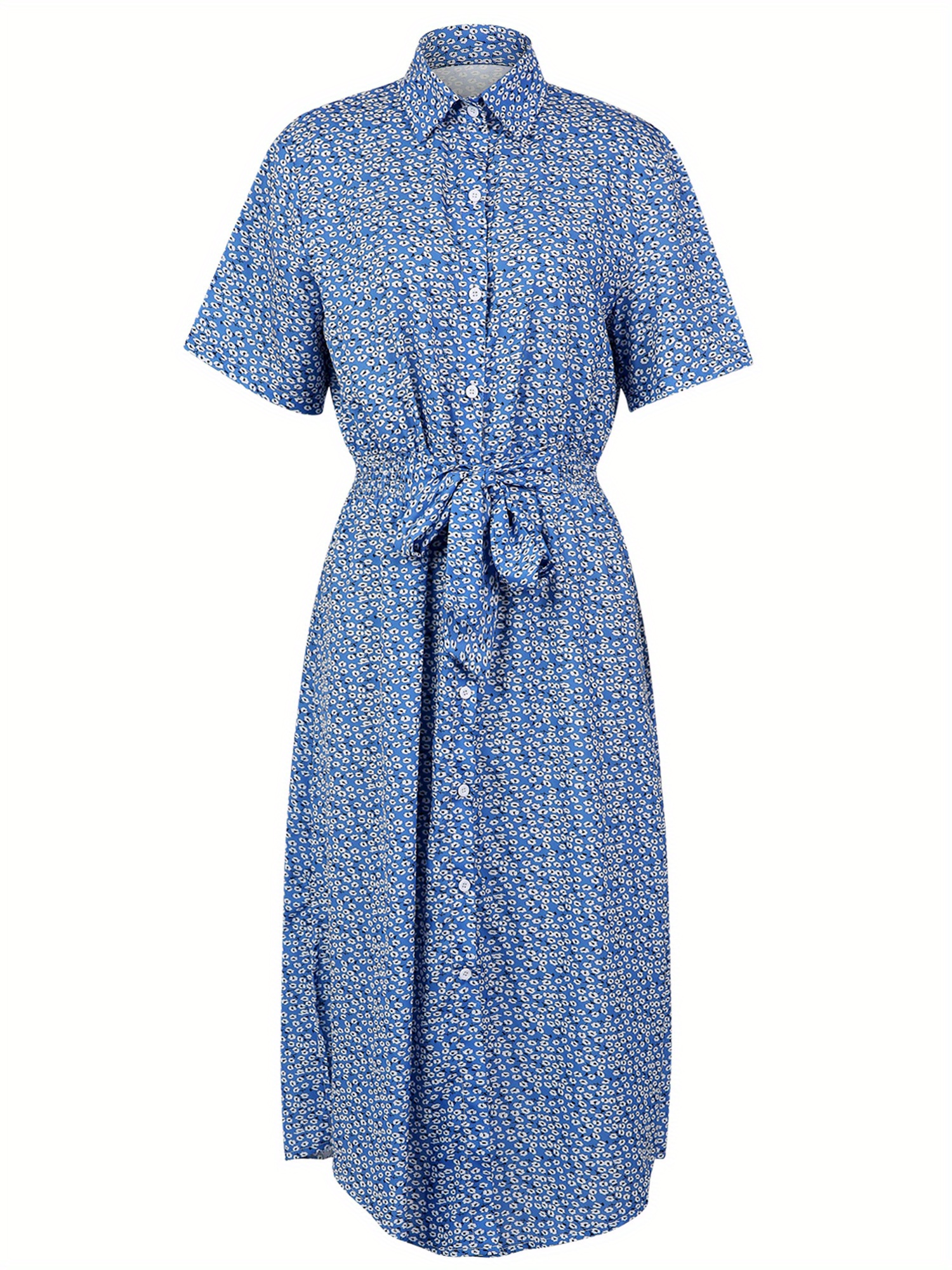 Floral Print Button Up Collared Dress, Casual Short Sleeve Tied Waist Midi Dress, Women's Clothing