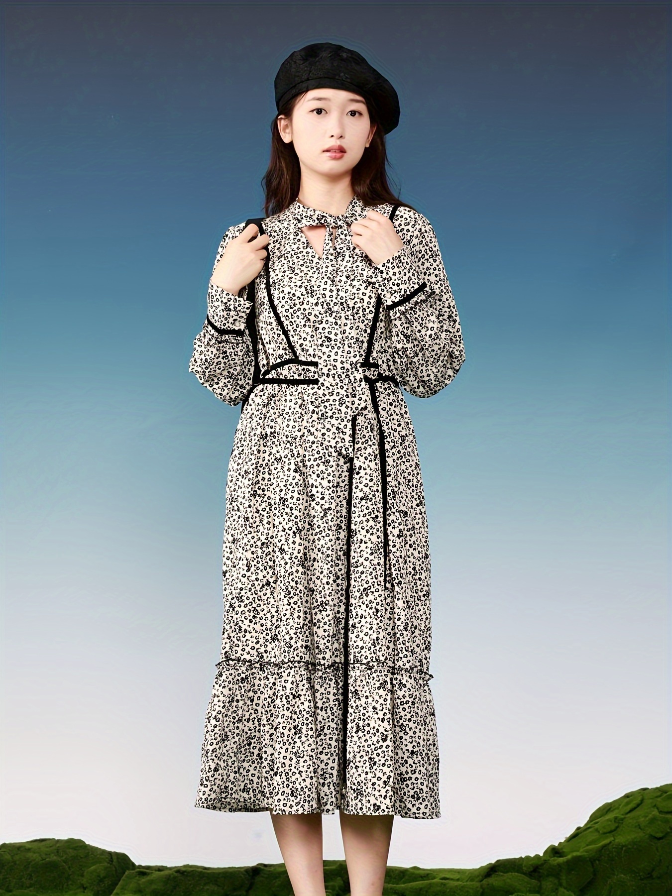 Floral Print Tie Neck Dress, Casual Long Sleeve Knee Length Dress For Spring & Fall, Women's Clothing