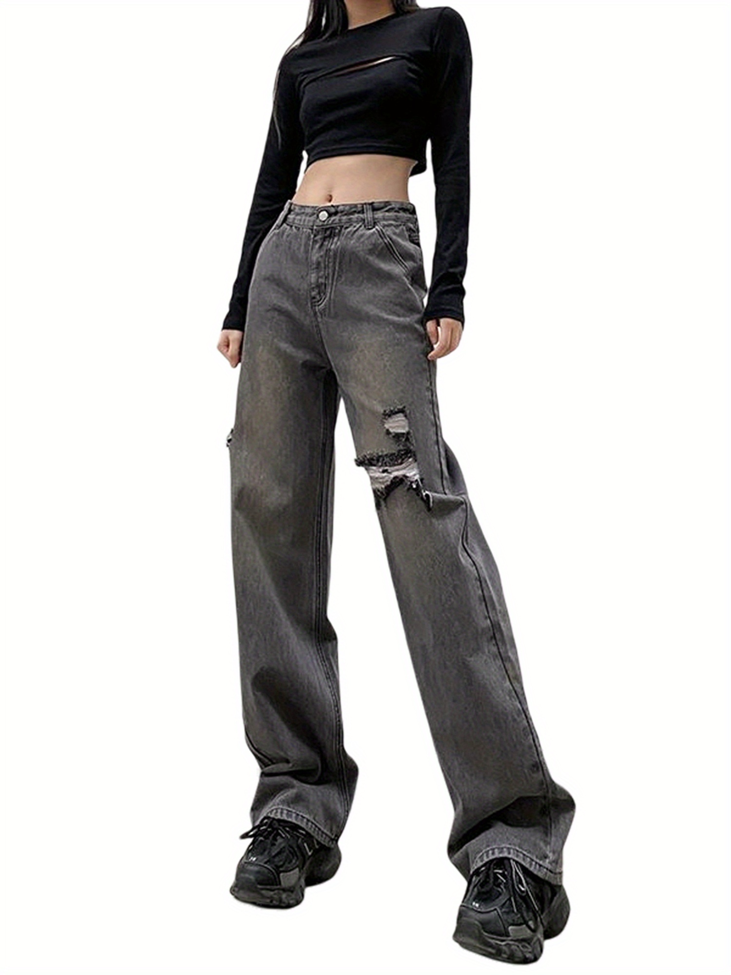 Women Loose Wide-leg Pants, Summer Adults Casual Style High Waist Gradient Jeans