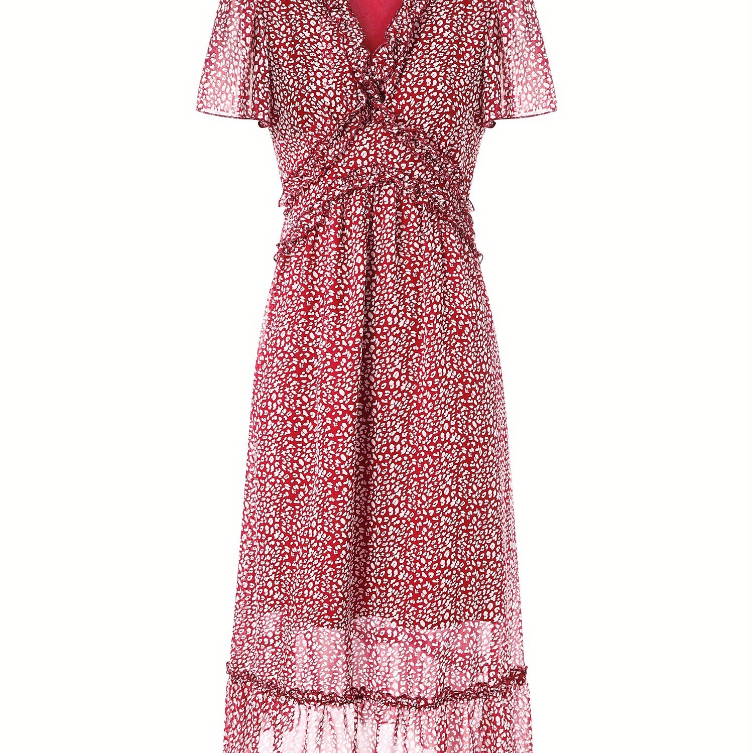 Women's Midi Dress, Female V Neck Short Sleeve High Waist Ruffle Trim Floral Printed Dresses