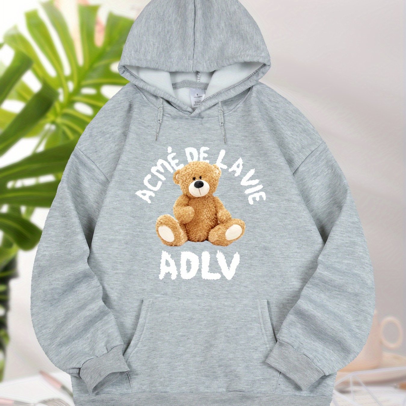 Bear And Letter Graphic Long Sleeve Hooded Sweatshirt, Fashion Drawstring Kangaroo Pocket Hoodie, Women's Clothing