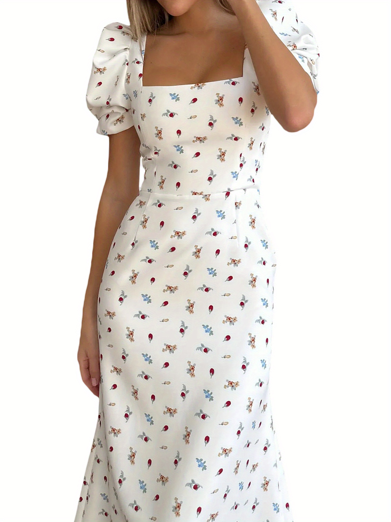 Floral Print Square Neck Midi Dress, Elegant Puff Sleeve A Line Dress For Spring & Summer, Women's Clothing