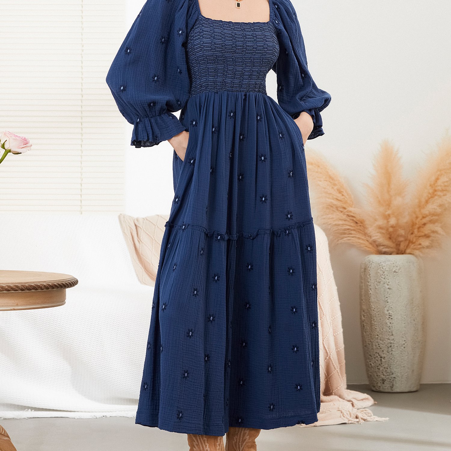 Women Summer Casual Long Dress 3D Embroidered Flowers Square Neck Puff Sleeve Dress Fashion Backless A-line Dress