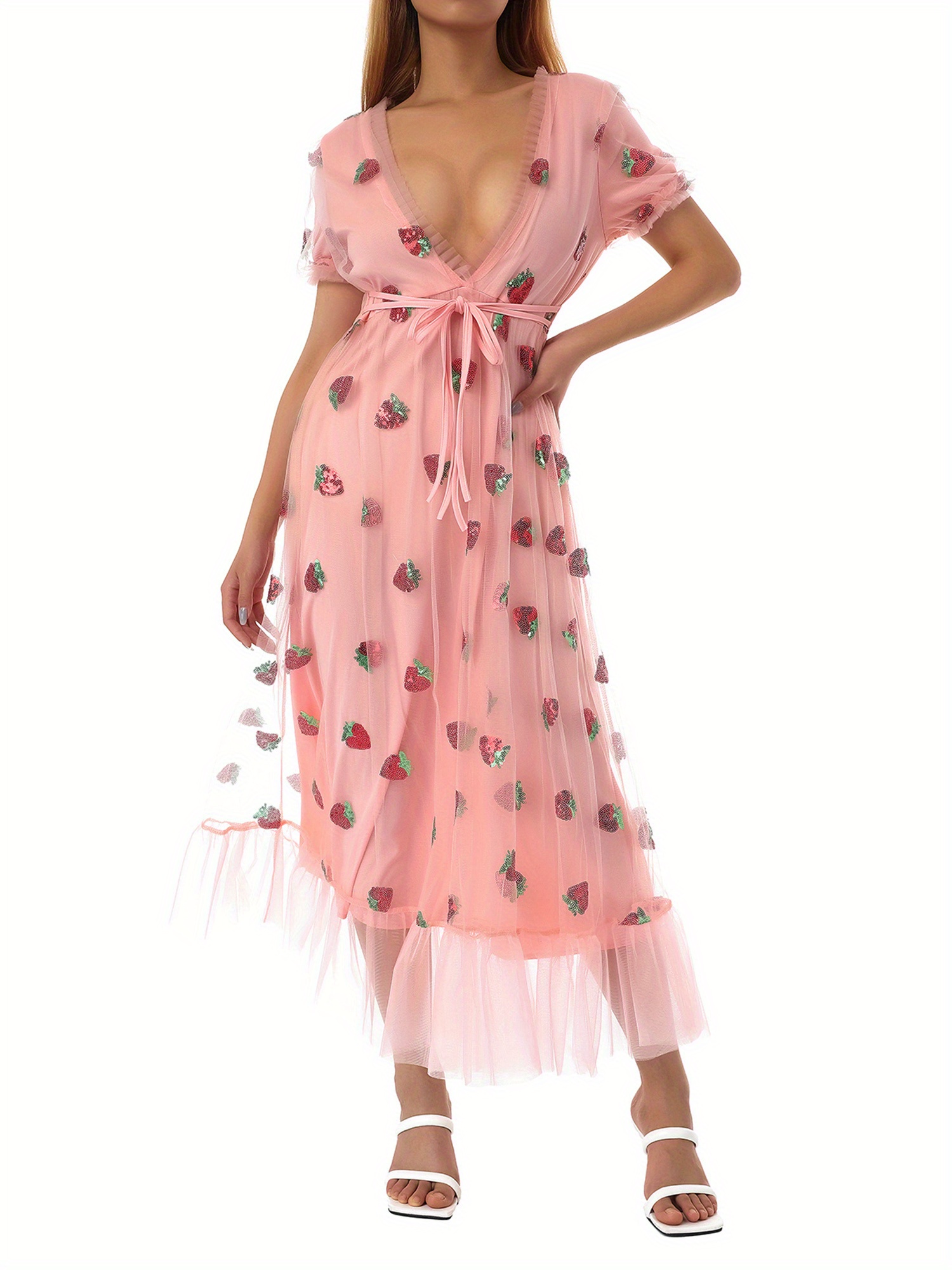 Women Sequin Embroidered Strawberry Cocktail Dress Lace Up Mesh Yarn Plunge V Neck A-line Pleated Dresses