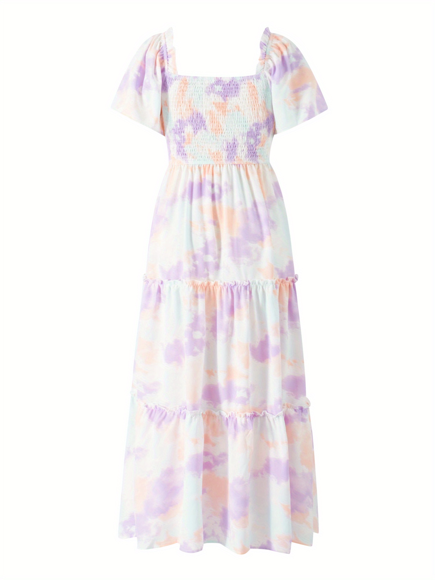 Parent-child Summer Casual A-line Dress Short Sleeve Square Neck Tie Dye Print Dress