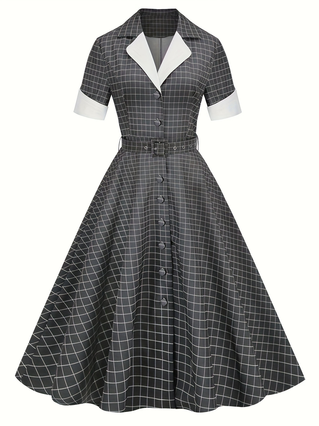 2024 New 1950S Style Checkered Short Sleeved Patchwork Retro Dress