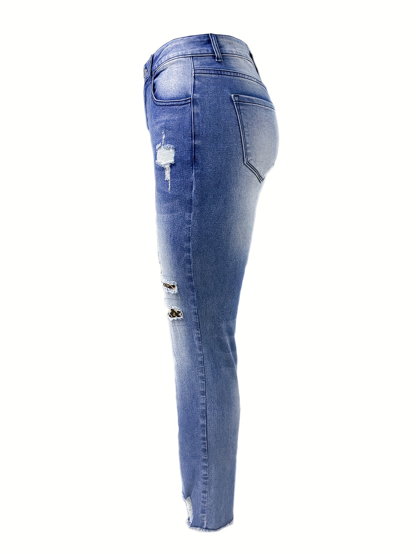 Leopard Print Ripped Patchwork Raw Hem Streetwear Retro Style Jeans, Women's Denim Jeans & Clothing