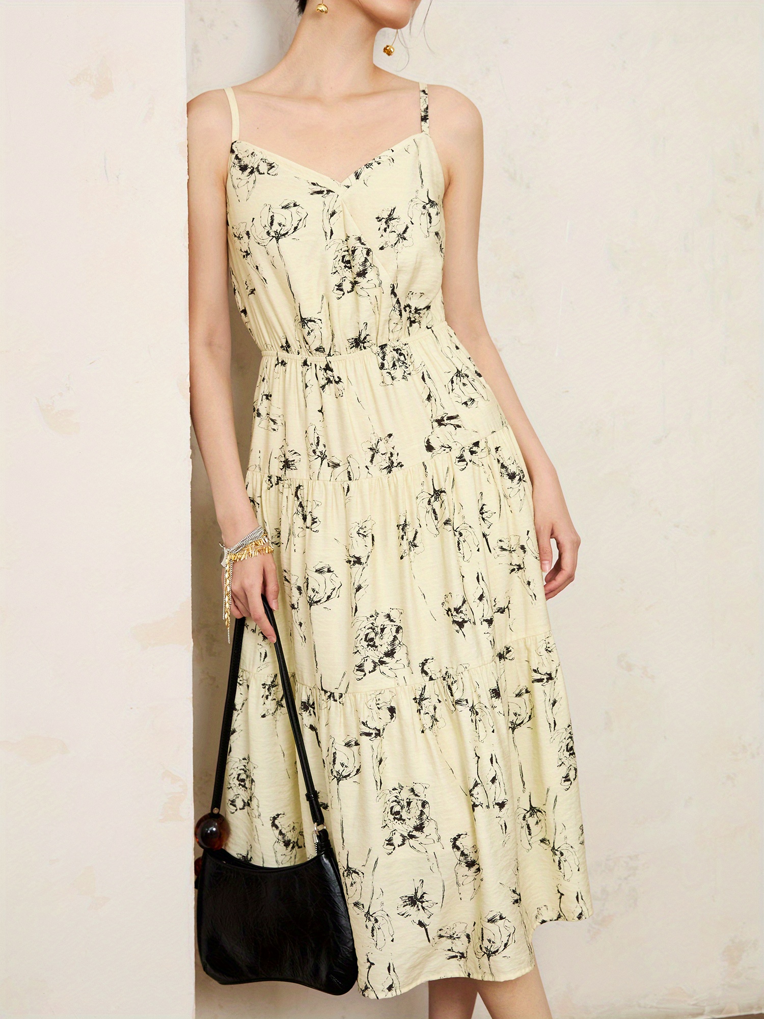 Floral Print Ruffle Hem Cami Dress, Elegant V Neck Spaghetti Strap Backless A-line Dress, Women's Clothing