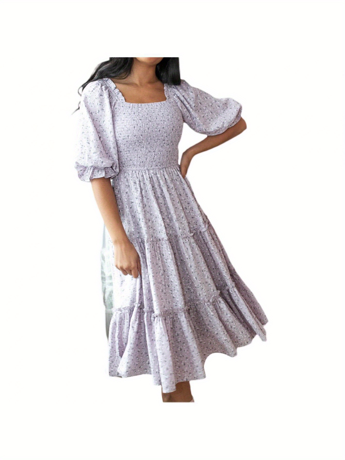 Floral Print Square Neck Shirred Dress, Elegant Puff Sleeve Ruffle Hem Dress Midi Dress For Spring & Summer, Women's Clothing