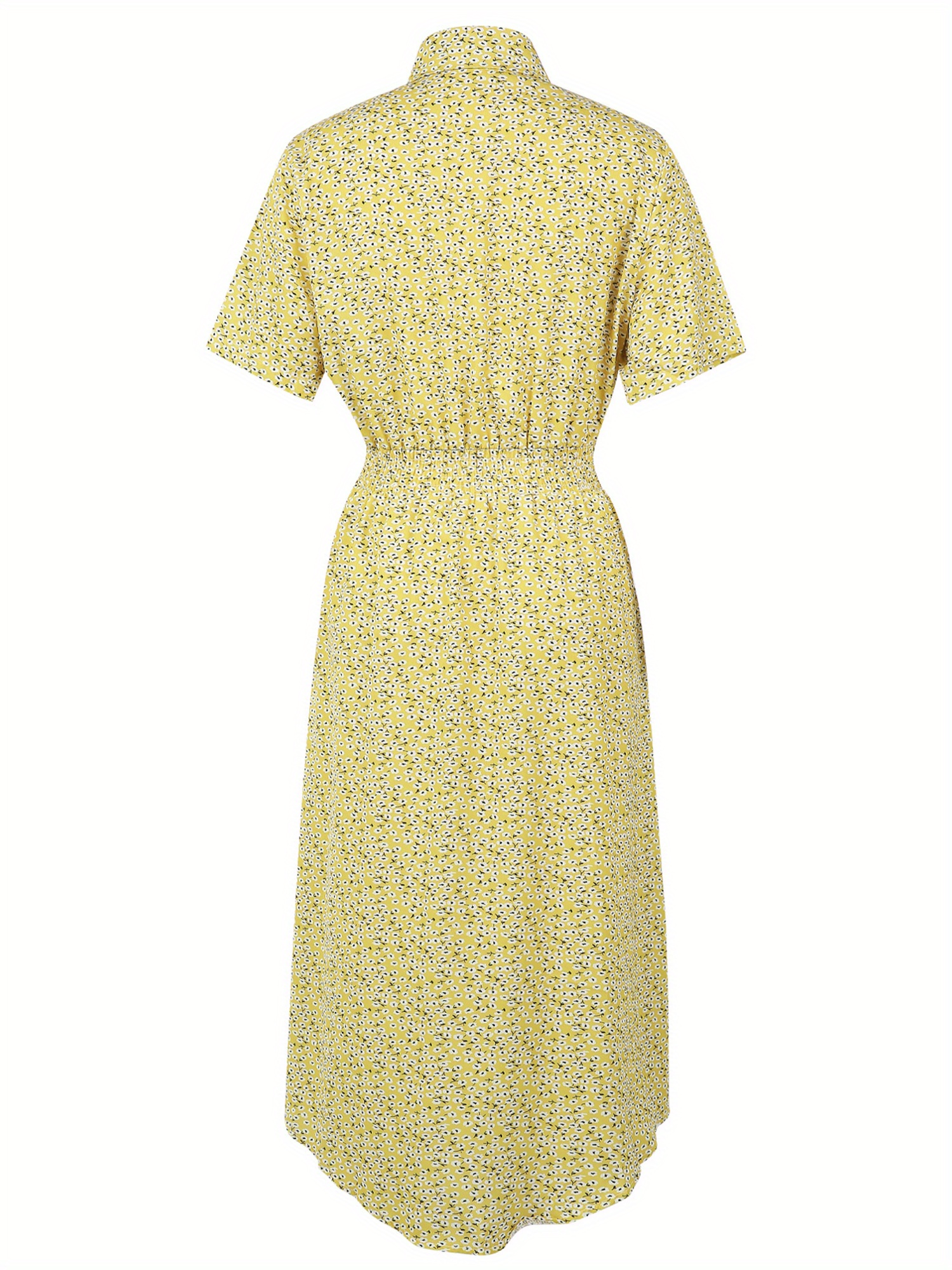 Allover Print Single Breasted Shirt Dress, Elegant Short Sleeve Belted Dress For Spring & Summer, Women's Clothing