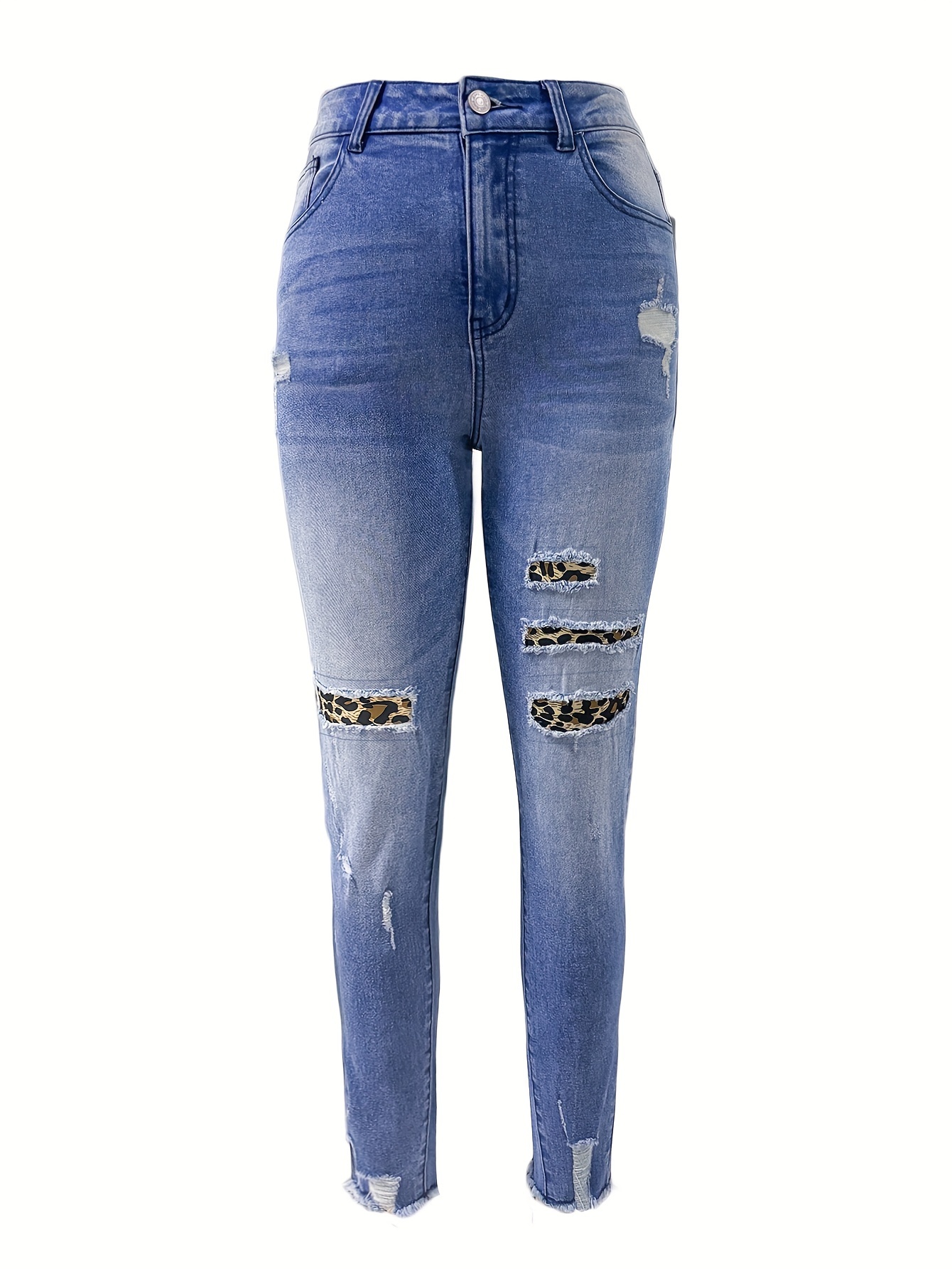 Leopard Print Ripped Patchwork Raw Hem Streetwear Retro Style Jeans, Women's Denim Jeans & Clothing