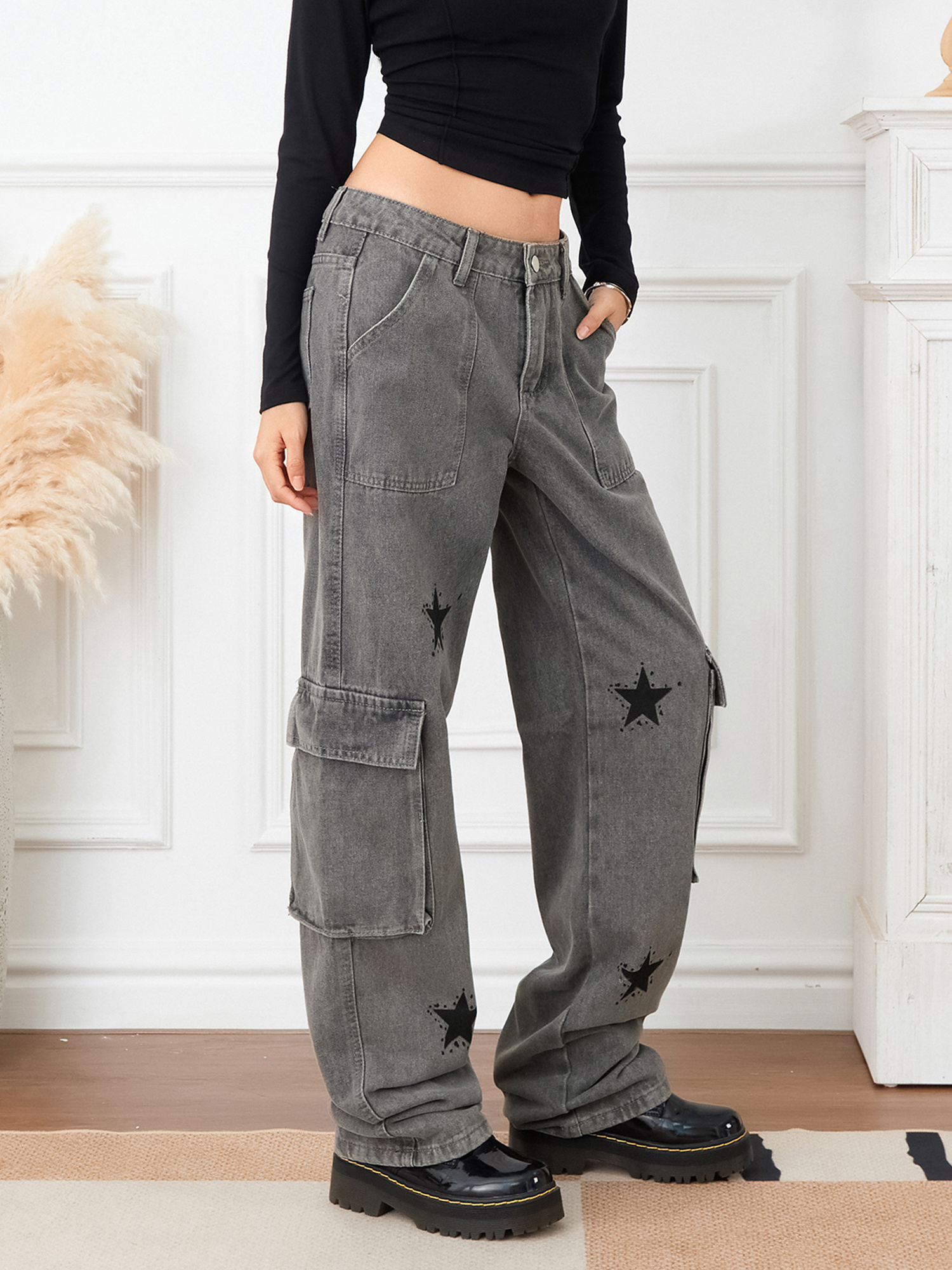 Women Straight Denim Pants, Big Pockets Star Print Long Pants Street Casual Fall Spring Trousers