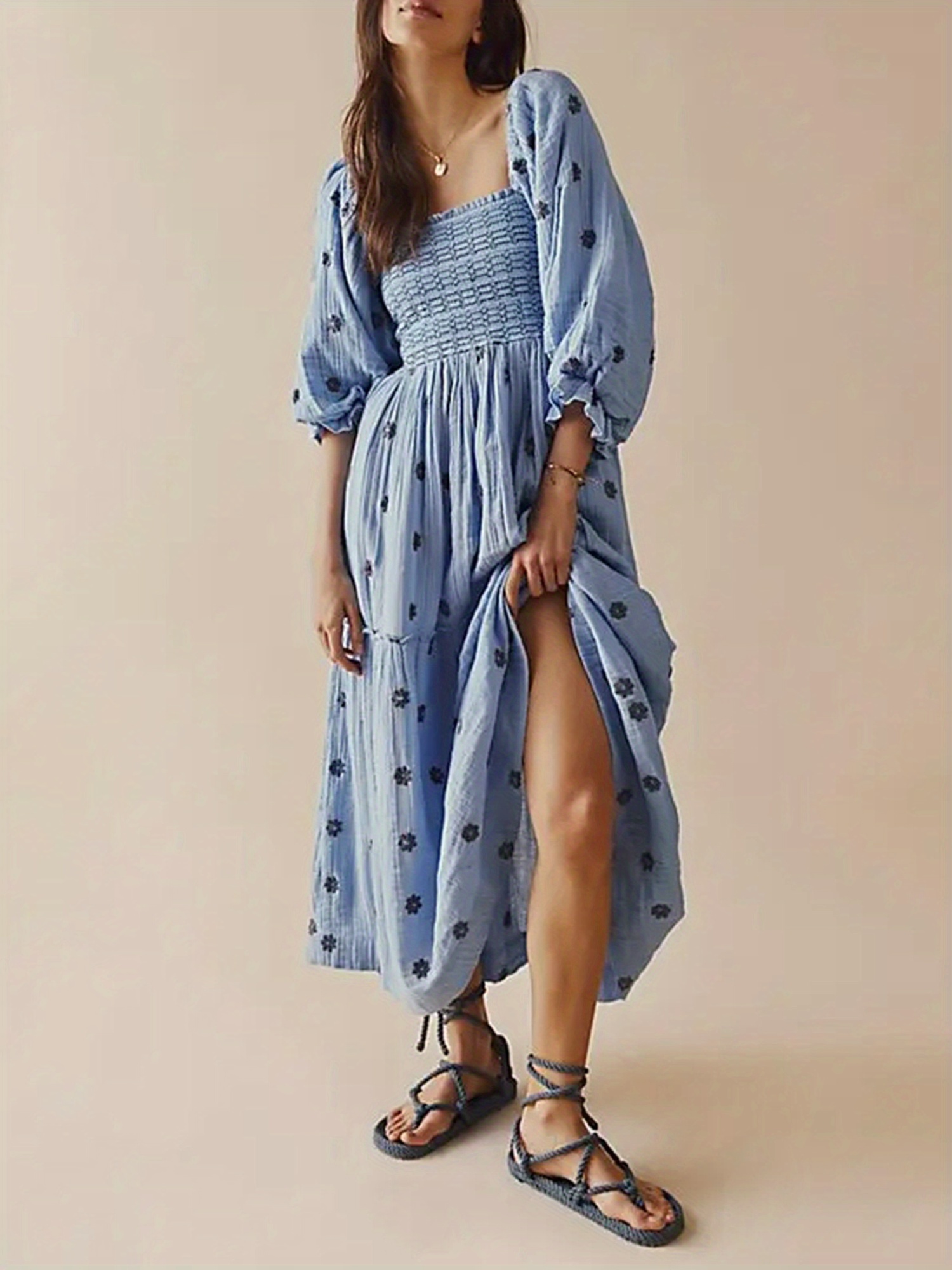 Women Summer Casual Long Dress 3D Embroidered Flowers Square Neck Puff Sleeve Dress Fashion Backless A-line Dress