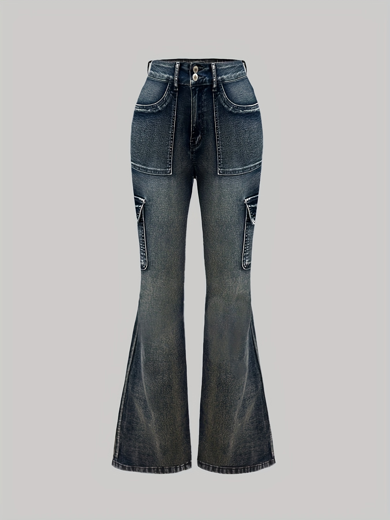 High-Waisted Retro Distressed Denim Jeans With Multiple Pockets, Stretch Cotton Blend, Classic Fit, Zipper Fly, And Button Closure