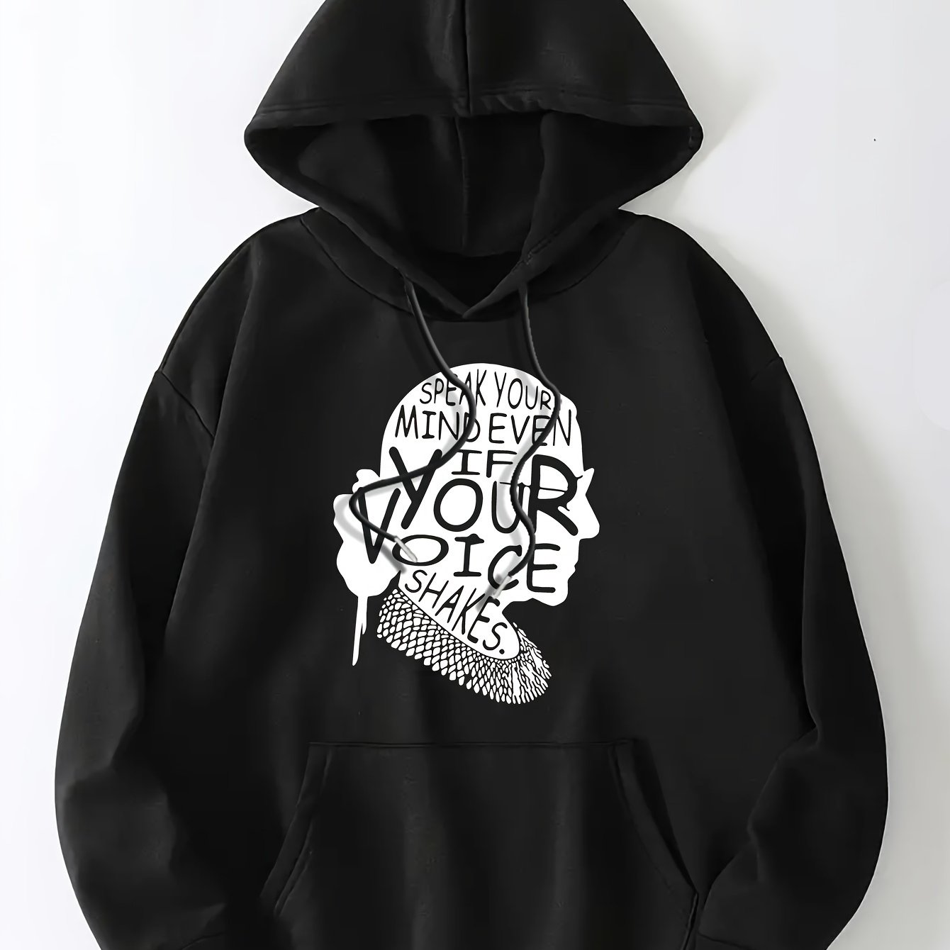 Art Letter Print Hoodie, Casual Kangaroo Pocket Long Sleeve Drop Shoulder Drawstring Hoodie For Fall & Winter, Women's Clothing