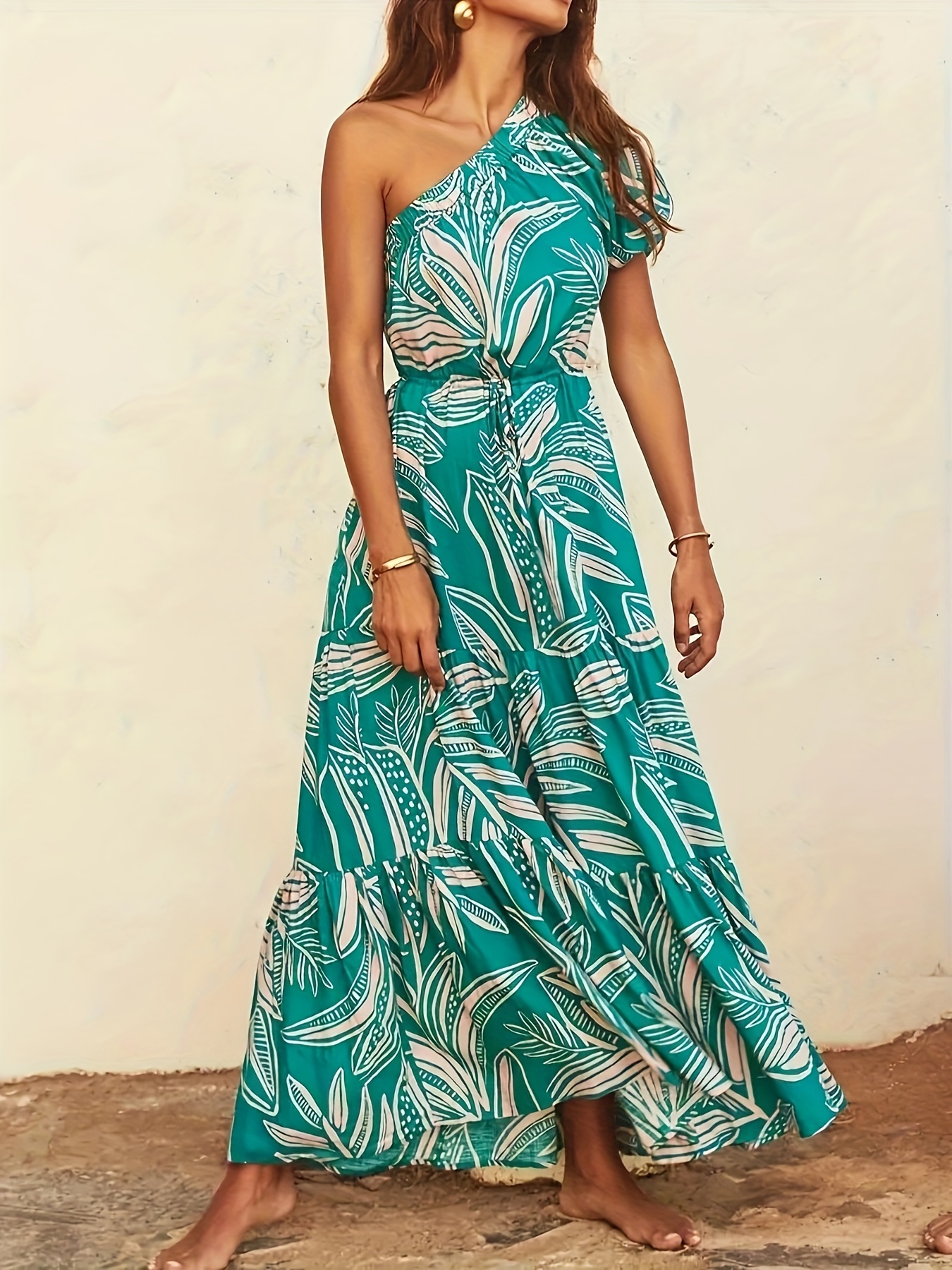 Women's One Shoulder Floral Long Dress, Print Puff Sleeve Asymmetrical Neck Ruffle Maxi Dress, A-Line Summer Vacation High Waist Beach Dress