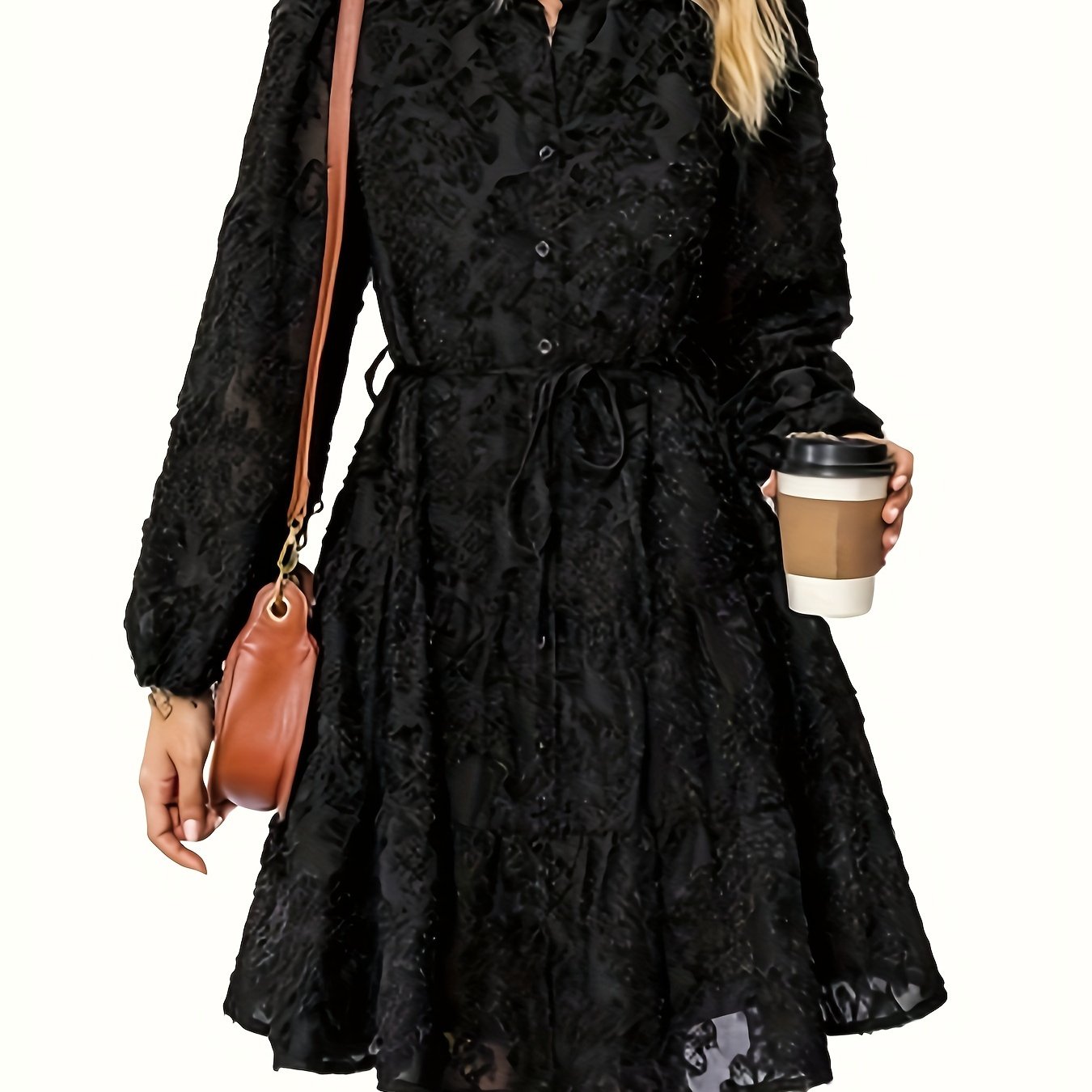Elegant Bohemian Style Little Black Dress For Autumn Three-dimensional Flower Long-sleeved Round Neck Dress