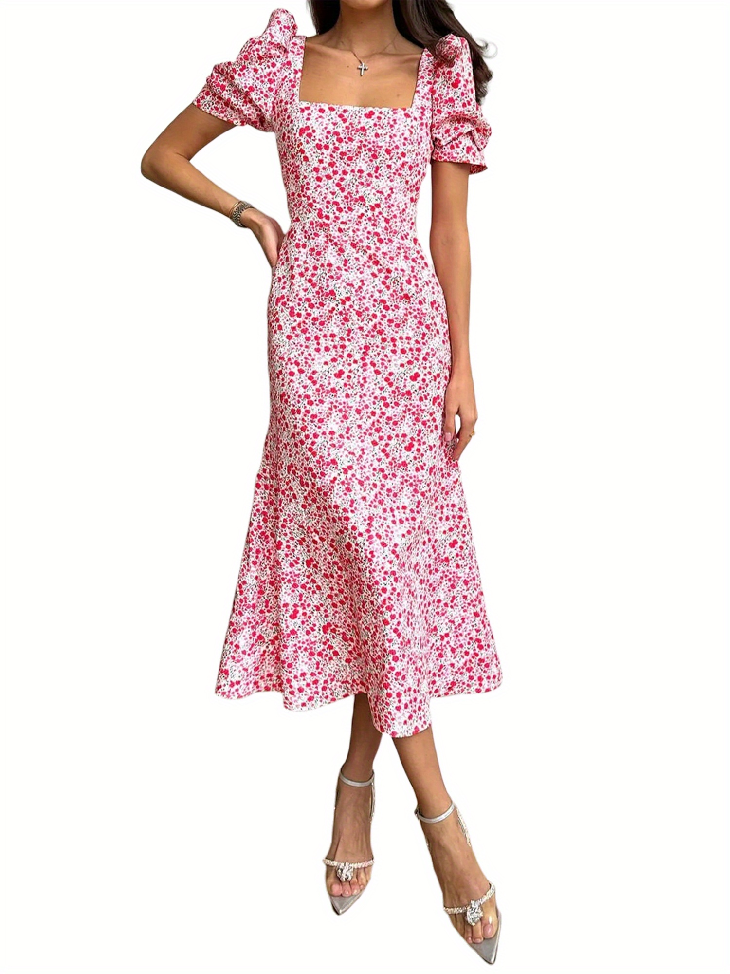 Floral Print Square Neck Midi Dress, Elegant Puff Sleeve A Line Dress For Spring & Summer, Women's Clothing