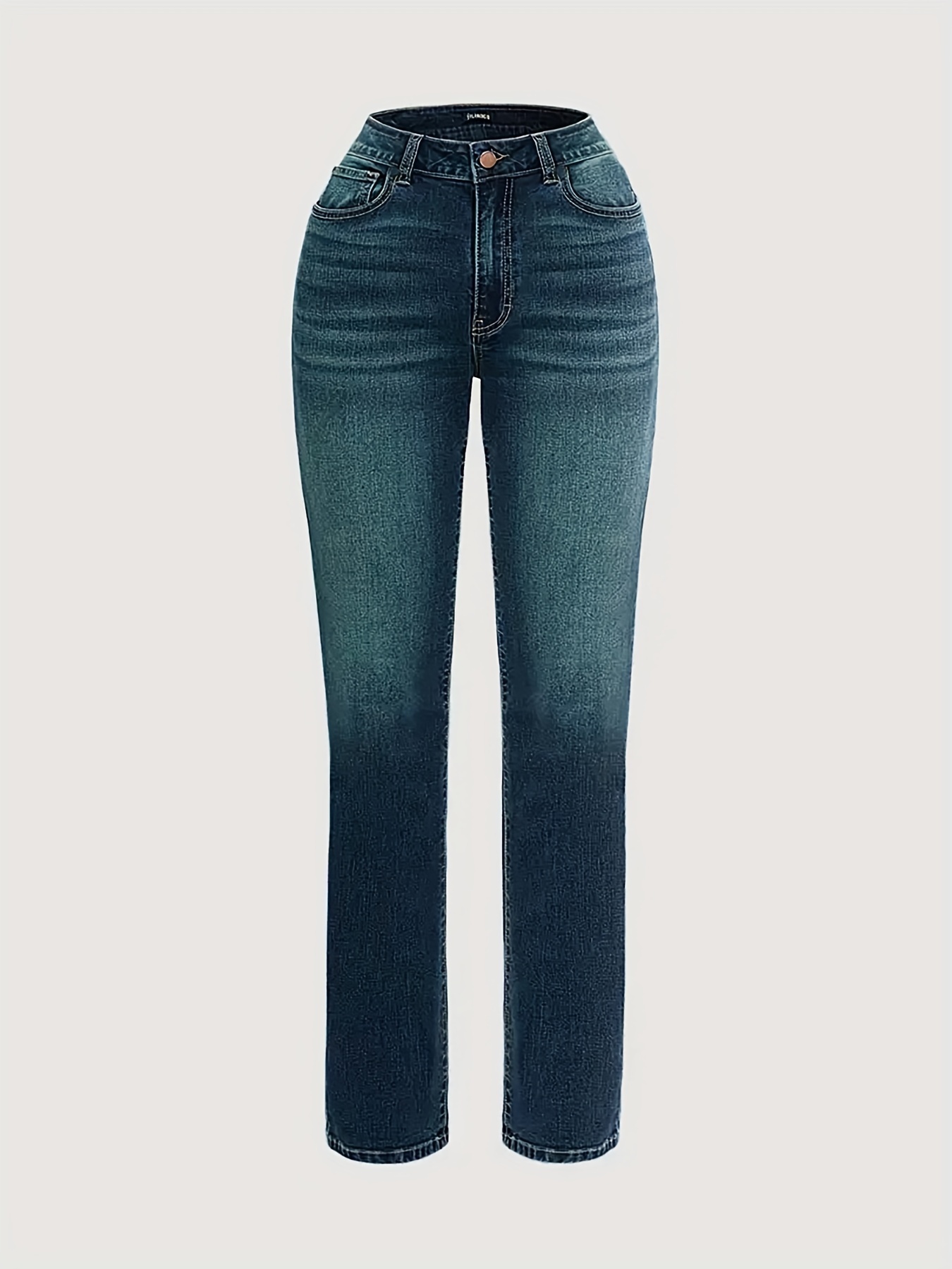 Slim Fit Whiskering Washed Blue Retro Style Zipper Button Closure Denim Pants, Women's Denim Jeans & Clothing