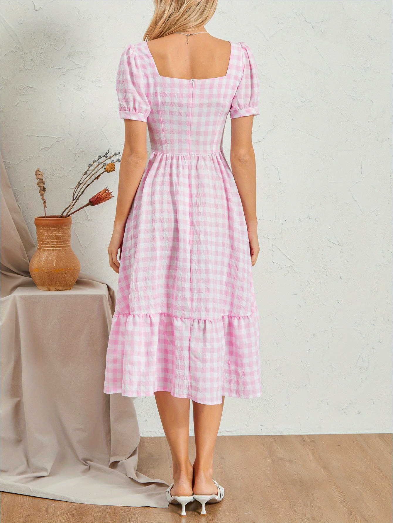 Gingham Print Square Neck Midi Dress, Casual Puff Sleeve A Line Dress For Spring & Summer, Women's Clothing