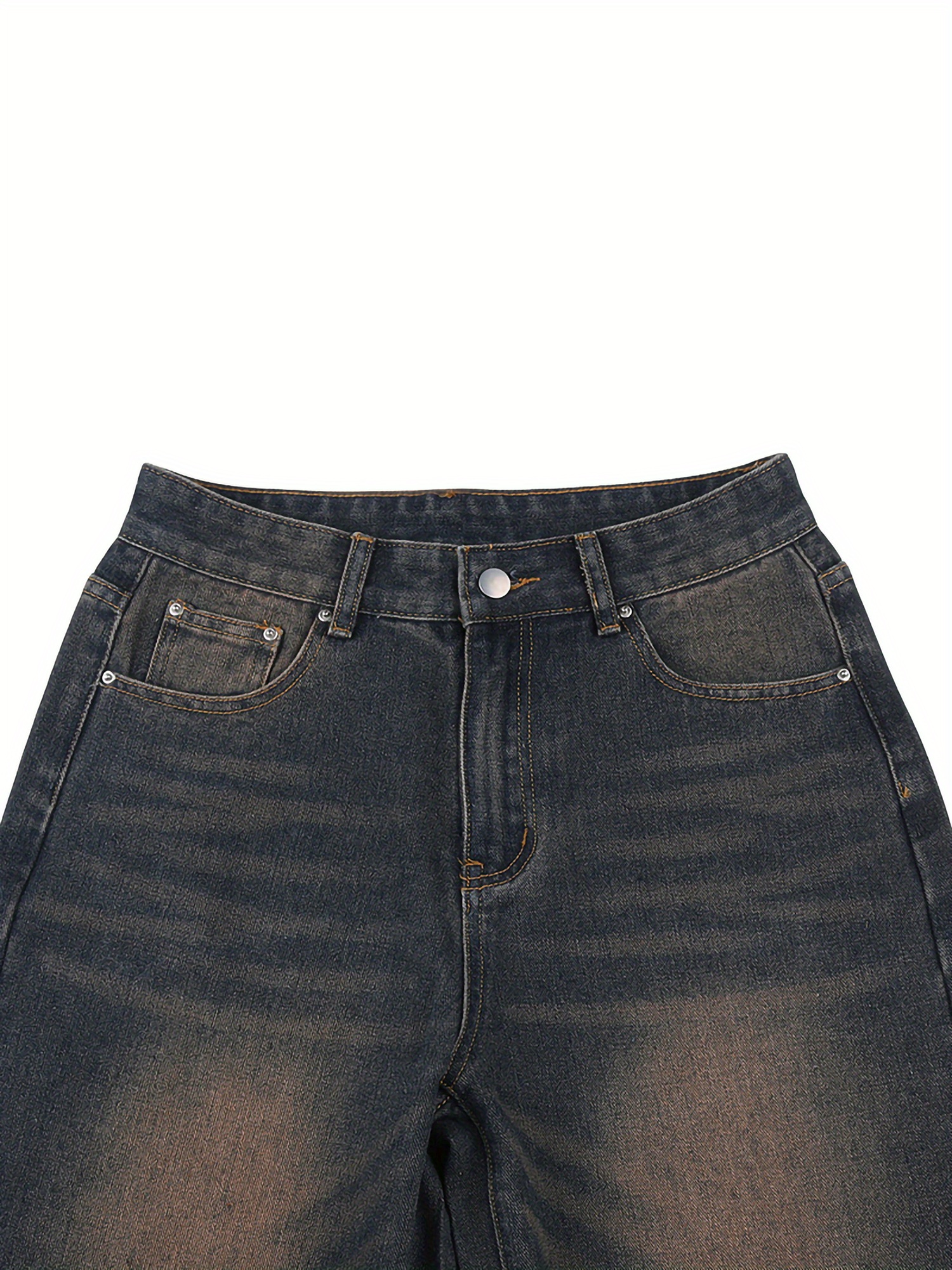 Straight Leg Distressed Washed Casual Style Zipper Button Closure Denim Pants, Women's Denim Jeans & Clothing