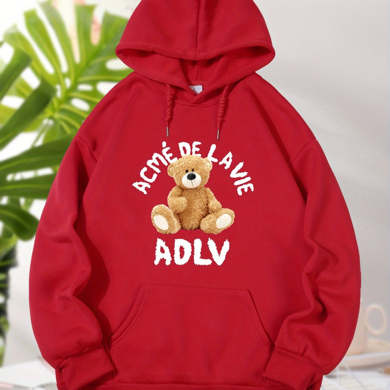 Bear And Letter Graphic Long Sleeve Hooded Sweatshirt, Fashion Drawstring Kangaroo Pocket Hoodie, Women's Clothing